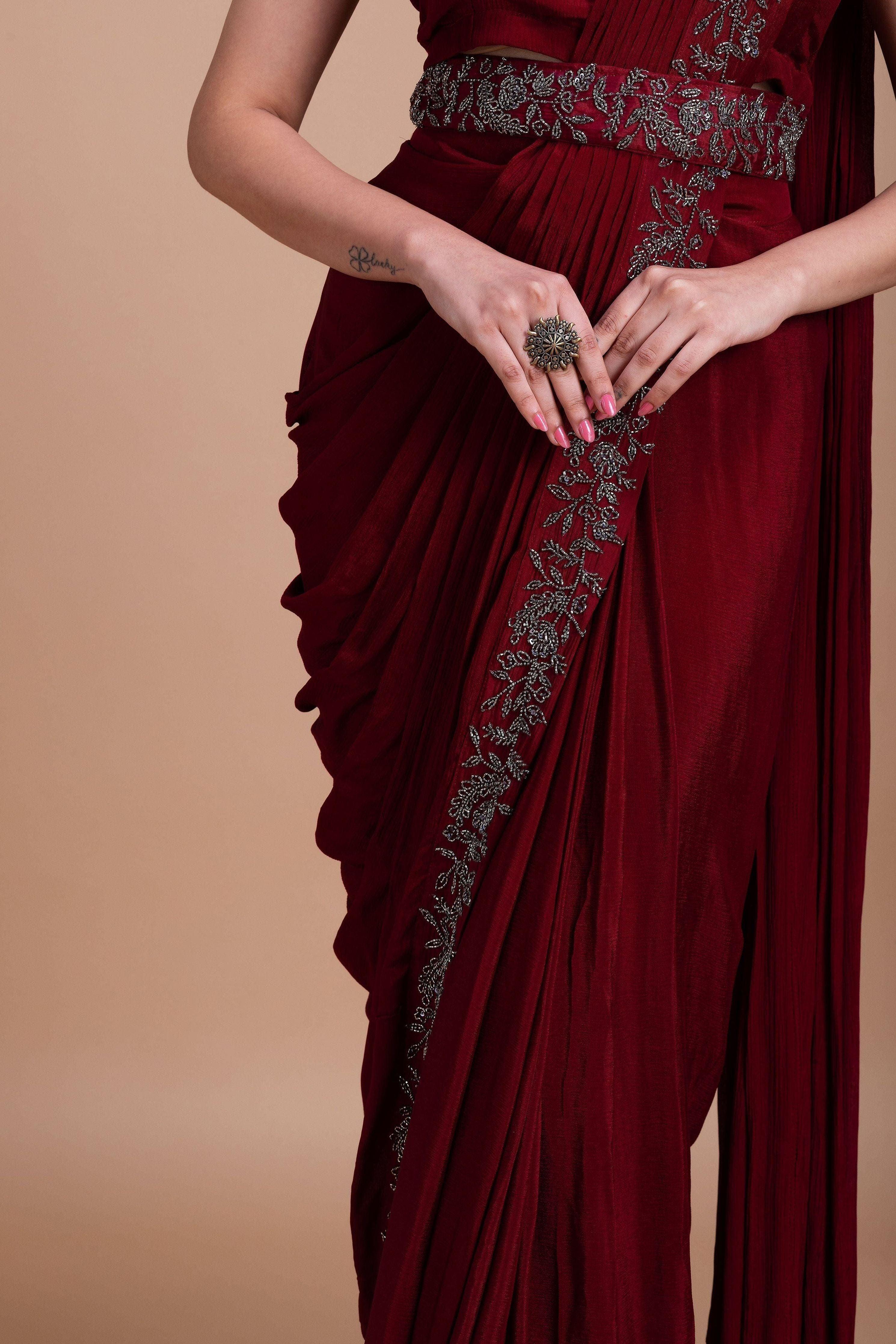 Wine Red Embroidered Blazer-Style Saree Set Mokshaa