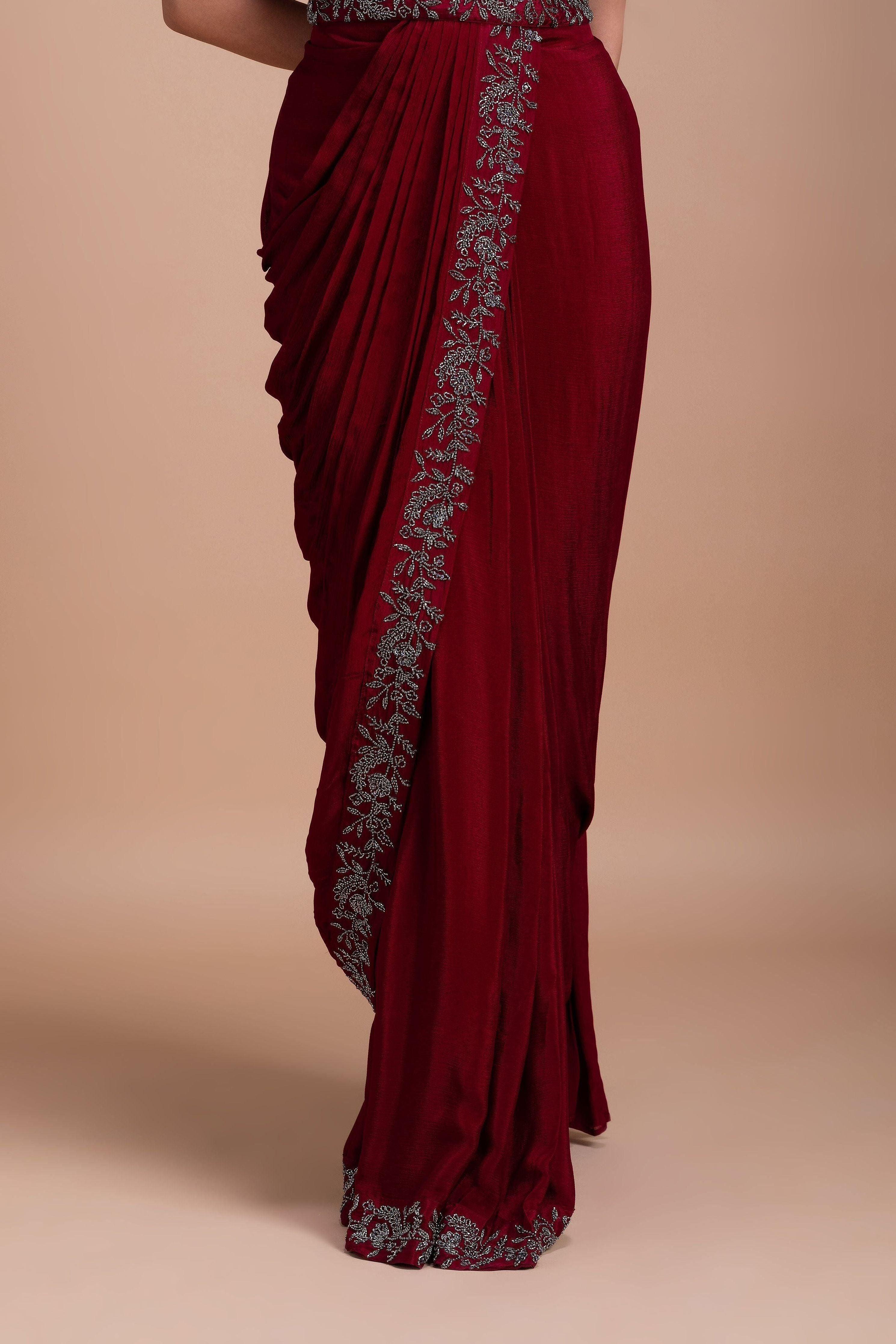 Wine Red Embroidered Blazer-Style Saree Set Mokshaa