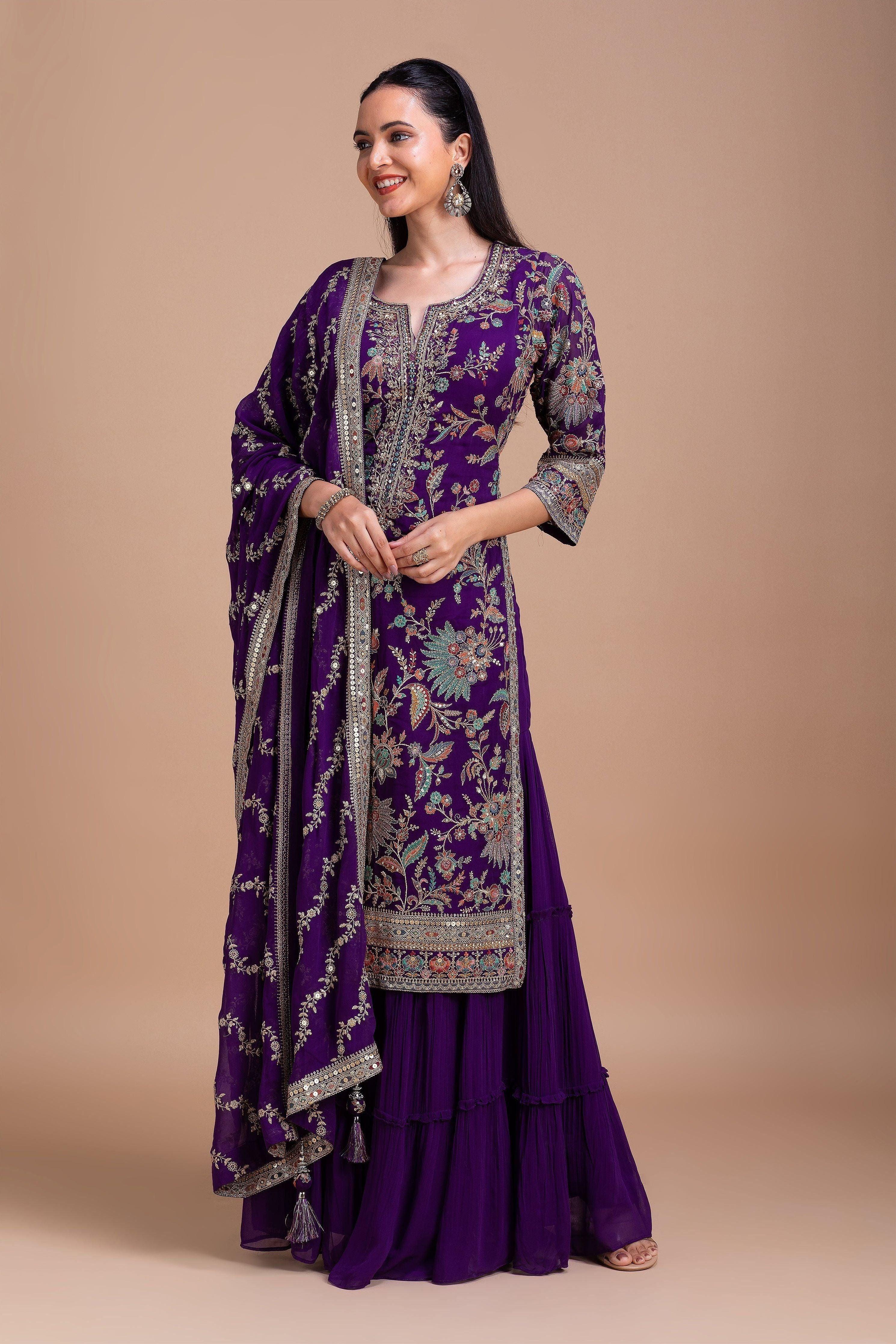 Royal Purple Floral Embroidered Sharara Set Mokshaa
