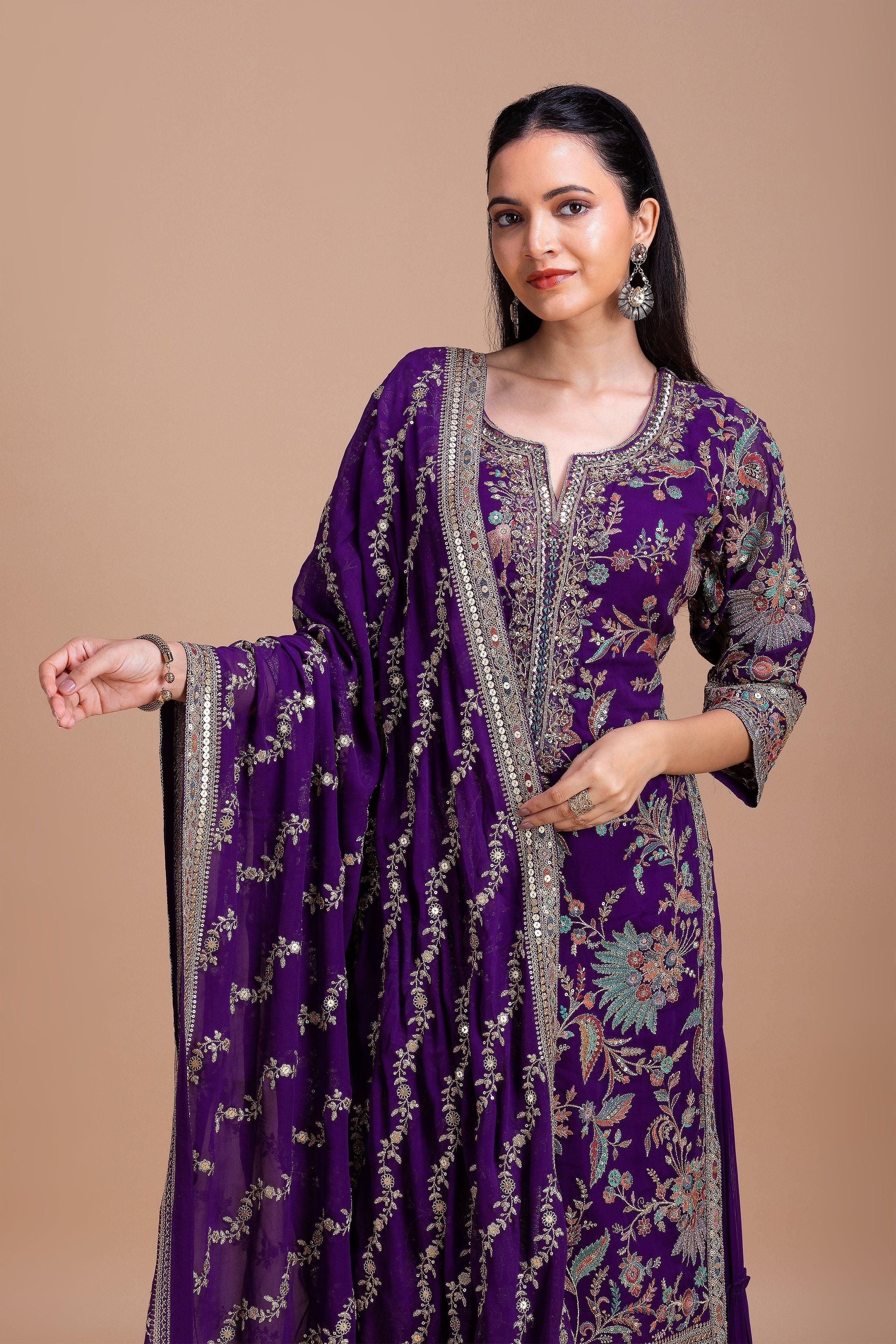 Royal Purple Floral Embroidered Sharara Set Mokshaa