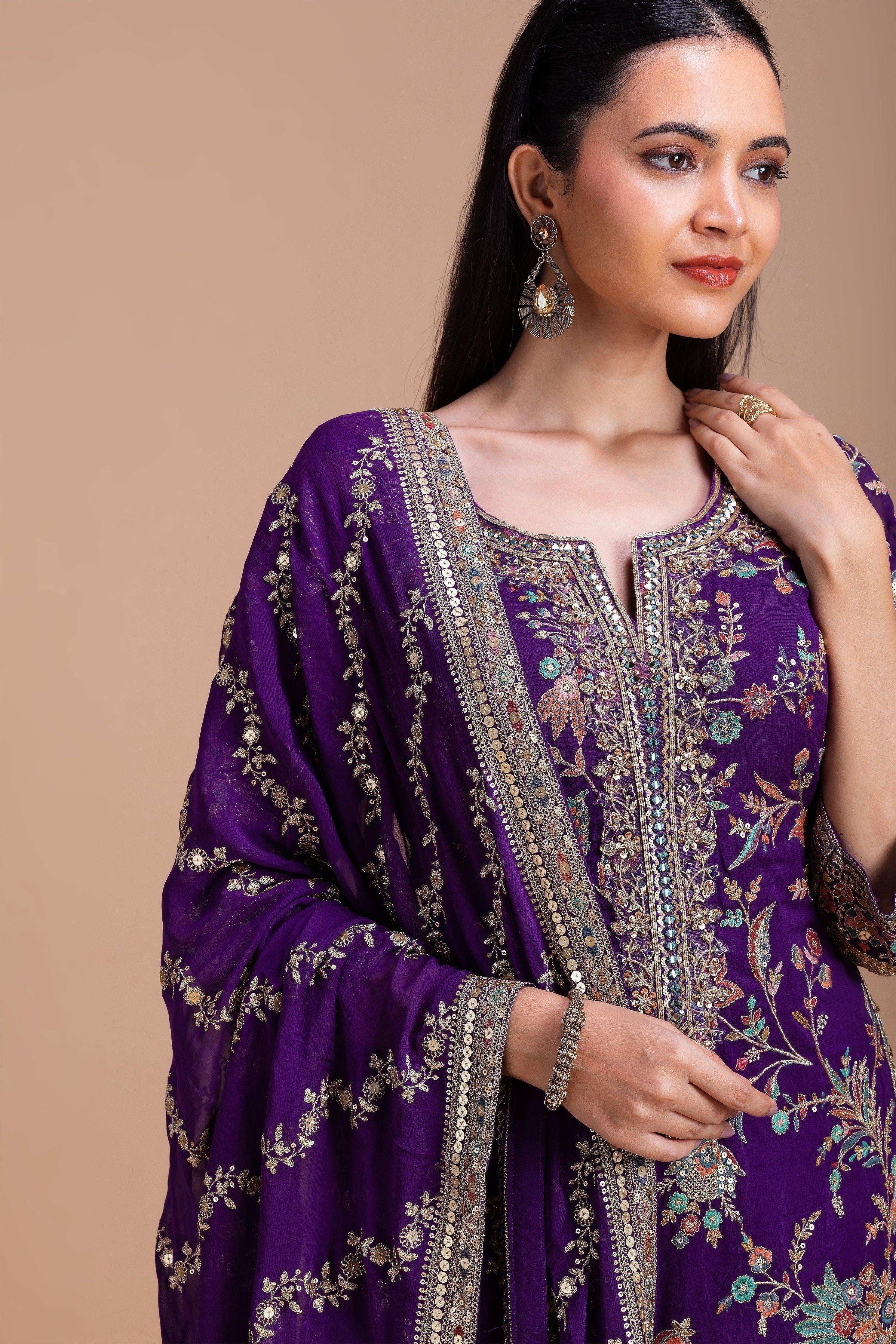 Royal Purple Floral Embroidered Sharara Set Mokshaa