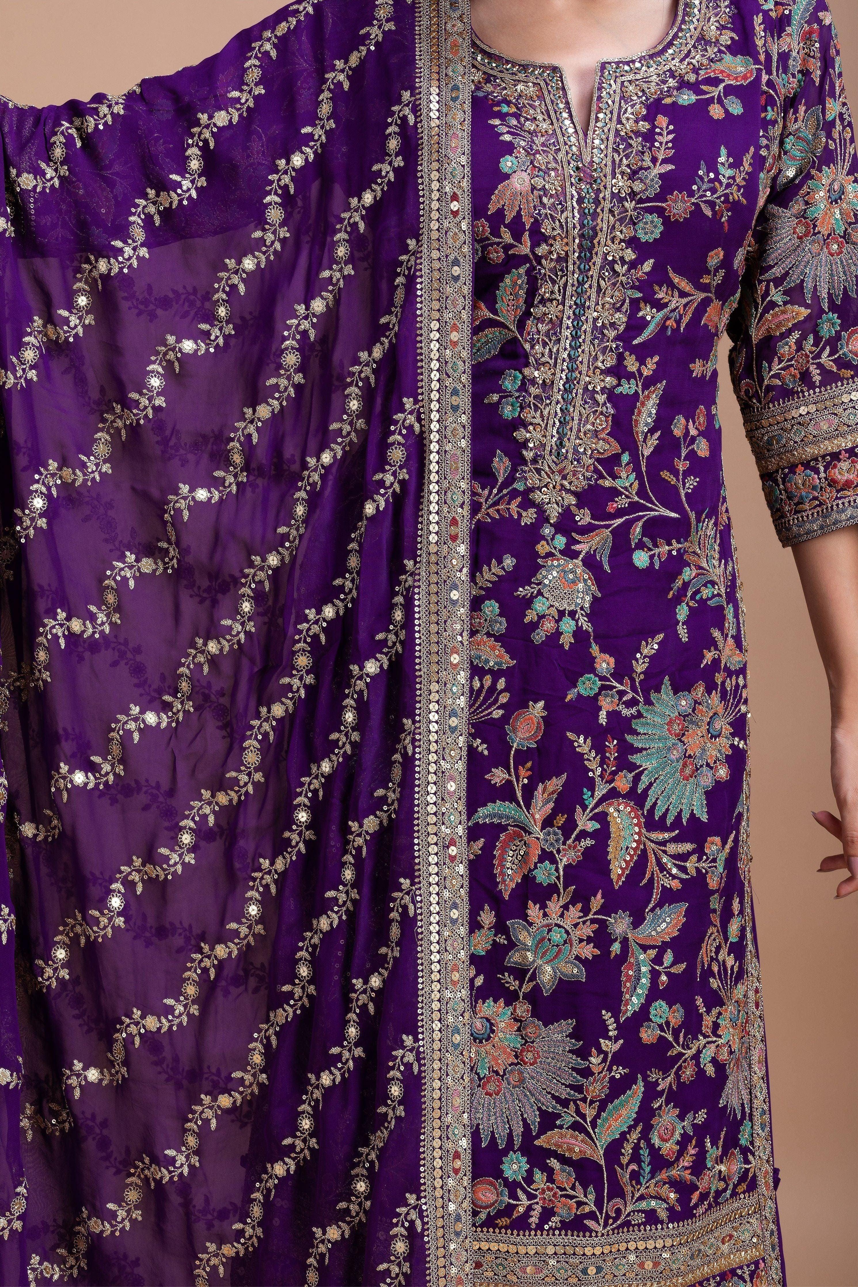 Royal Purple Floral Embroidered Sharara Set Mokshaa