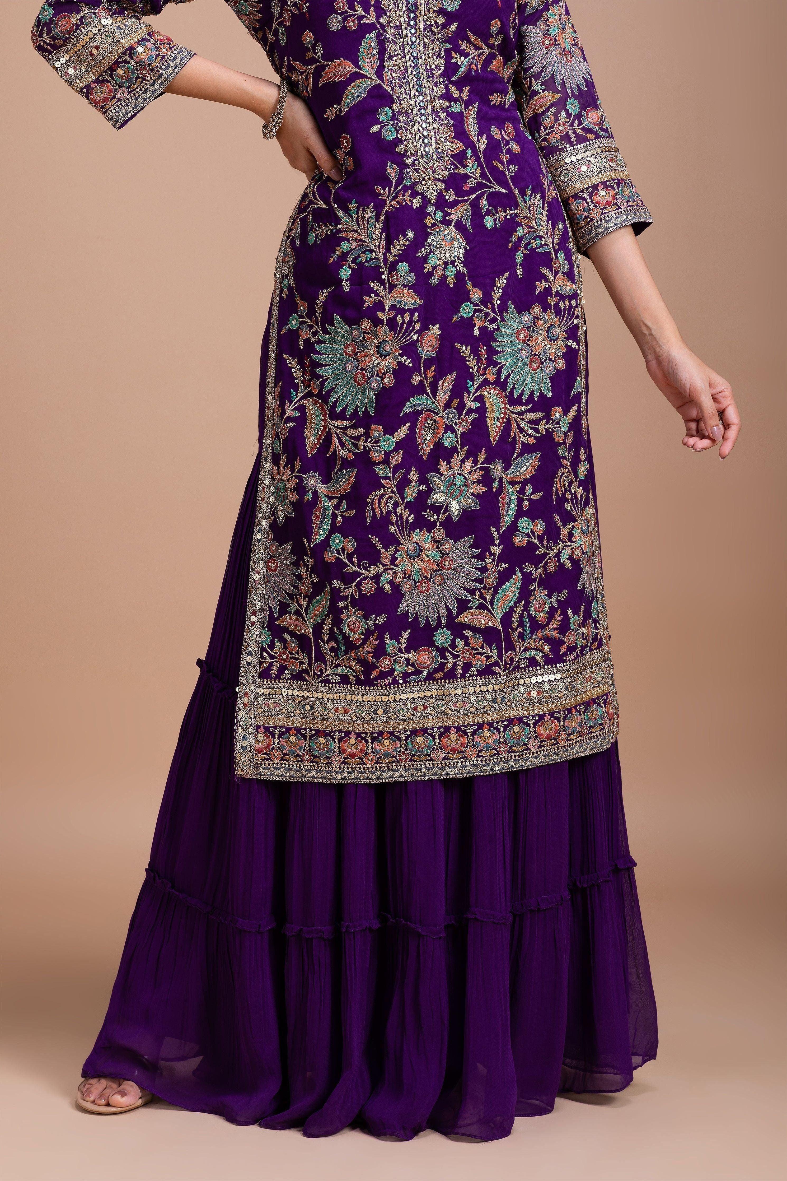 Royal Purple Floral Embroidered Sharara Set Mokshaa