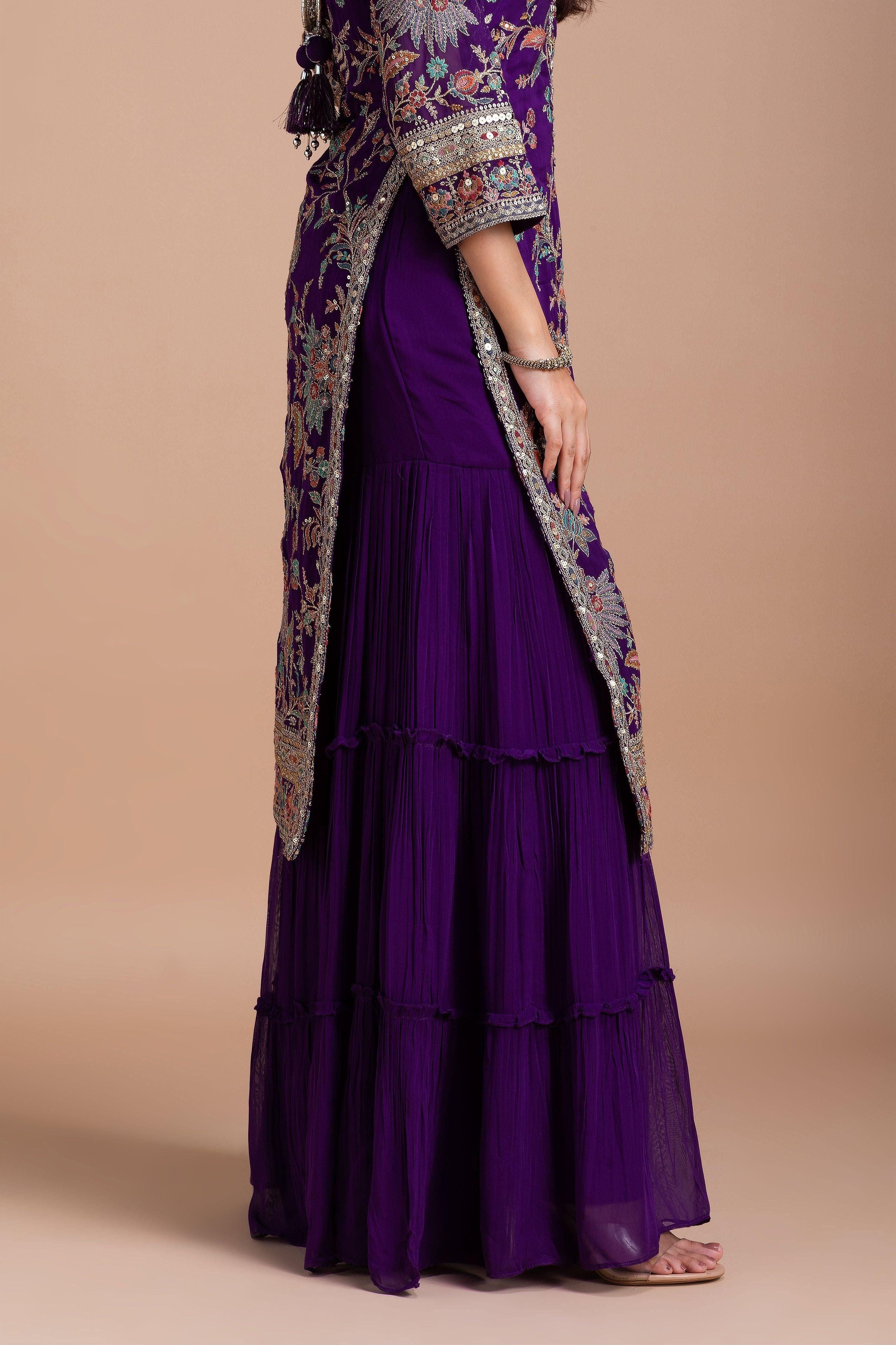 Royal Purple Floral Embroidered Sharara Set Mokshaa