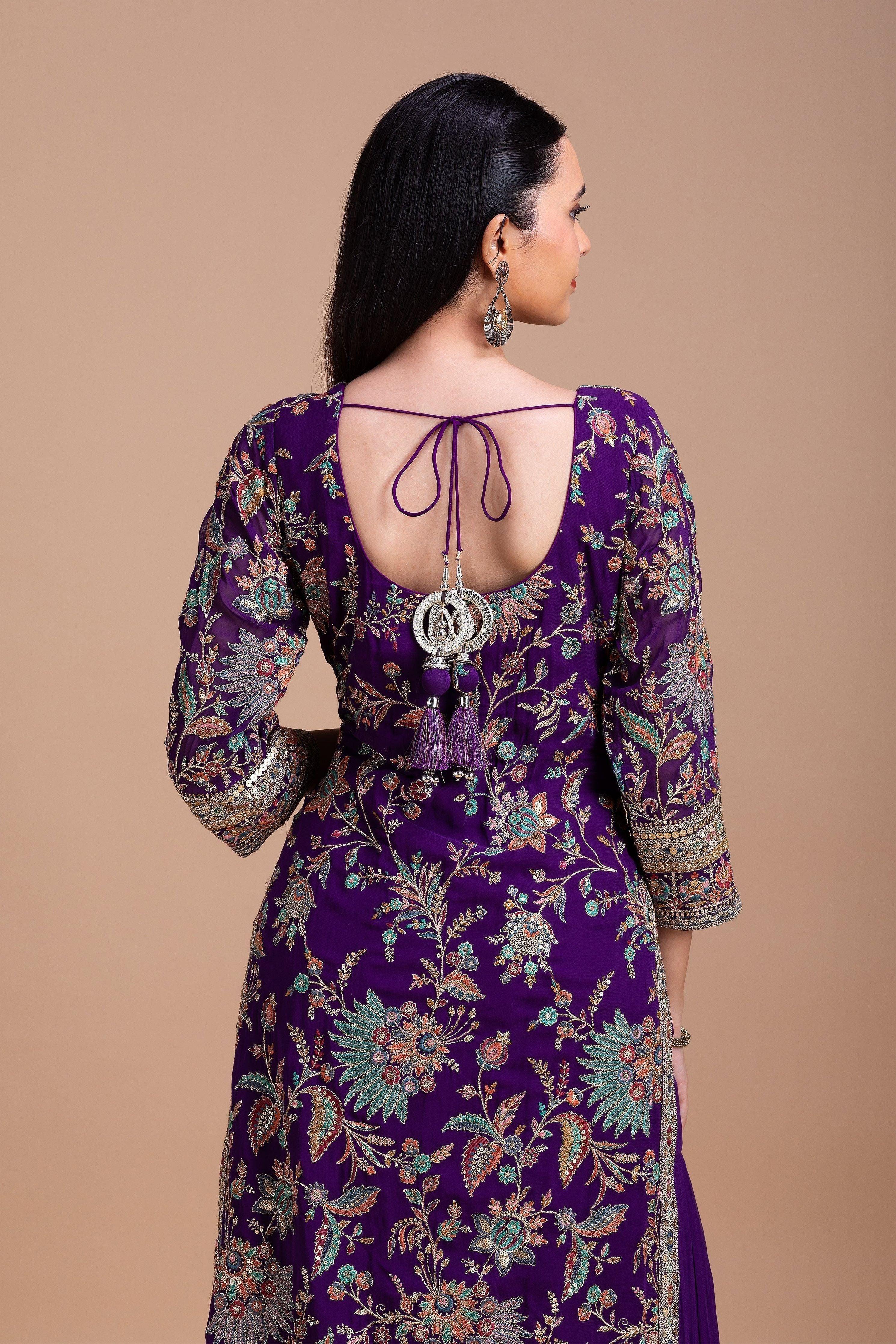 Royal Purple Floral Embroidered Sharara Set Mokshaa