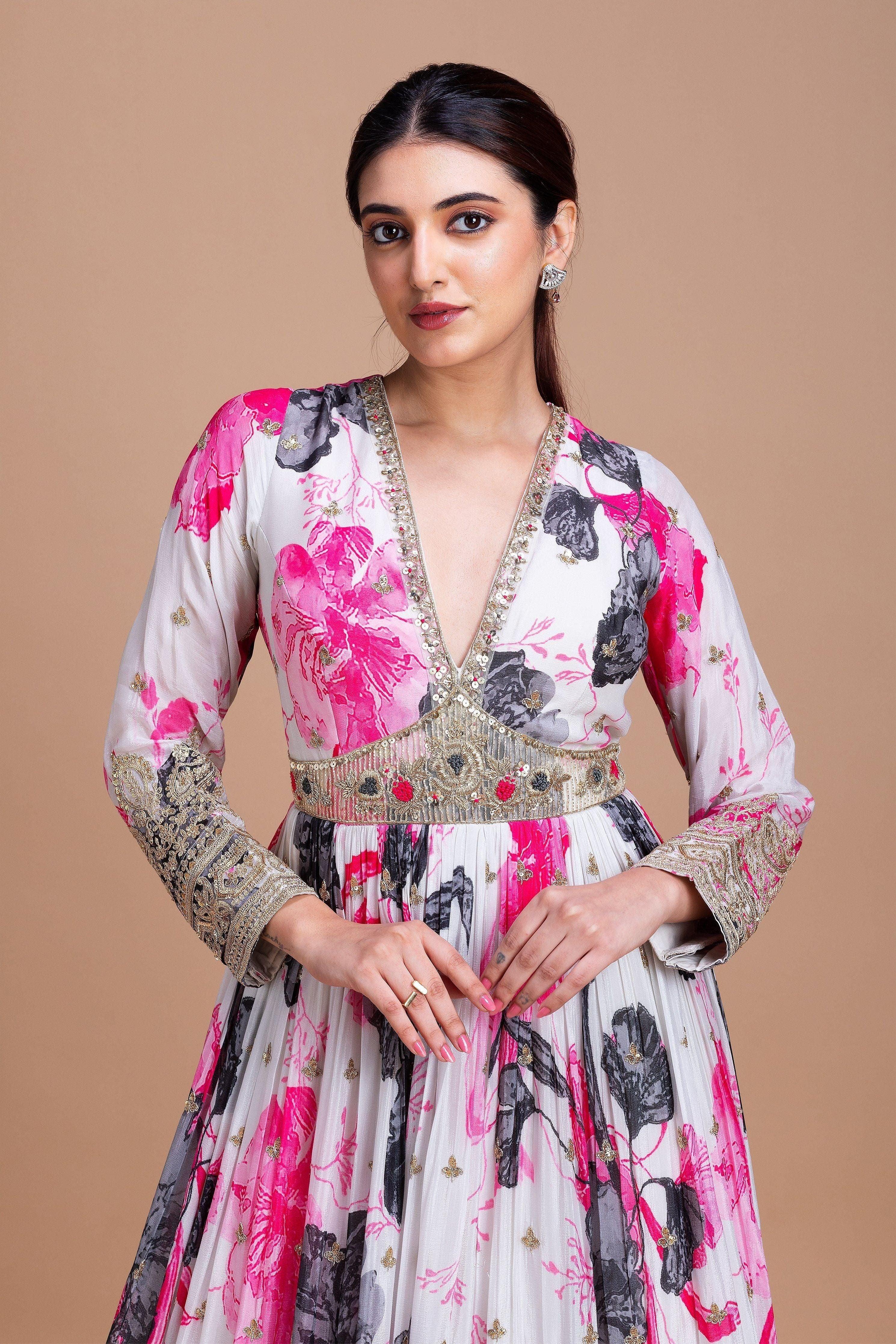 Elegant White Floral Georgette Anarkali Set Mokshaa
