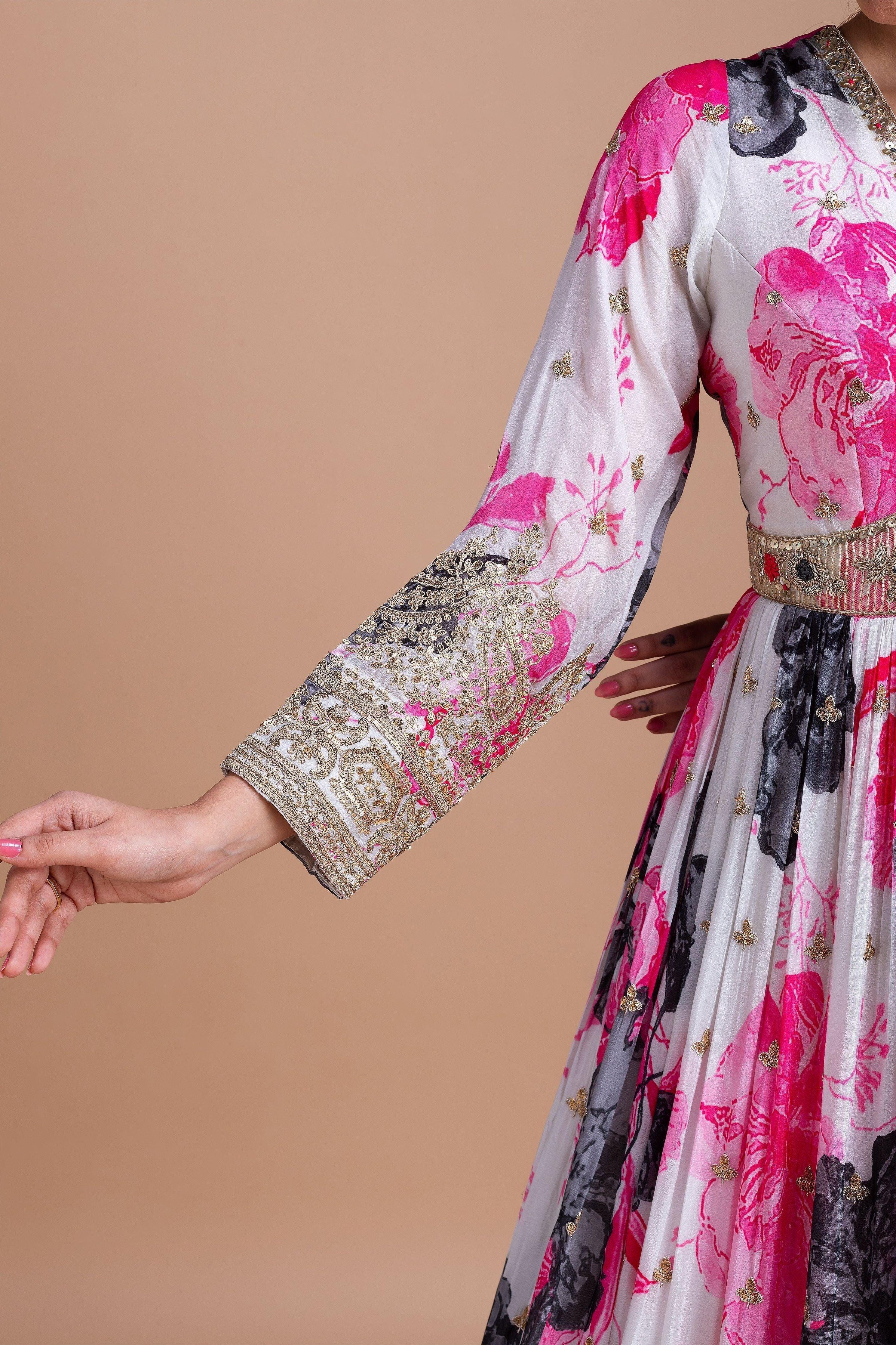 Elegant White Floral Georgette Anarkali Set Mokshaa