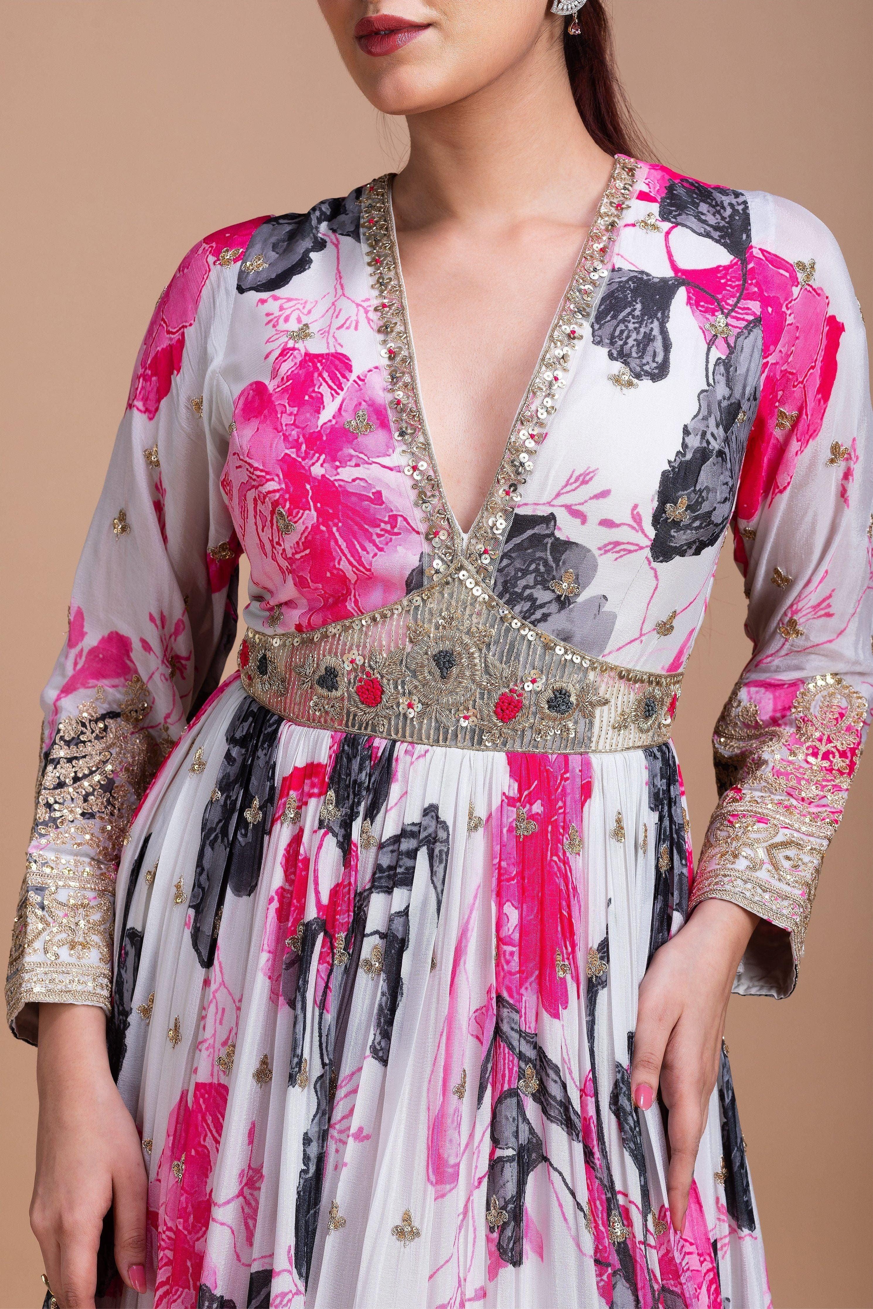 Elegant White Floral Georgette Anarkali Set Mokshaa