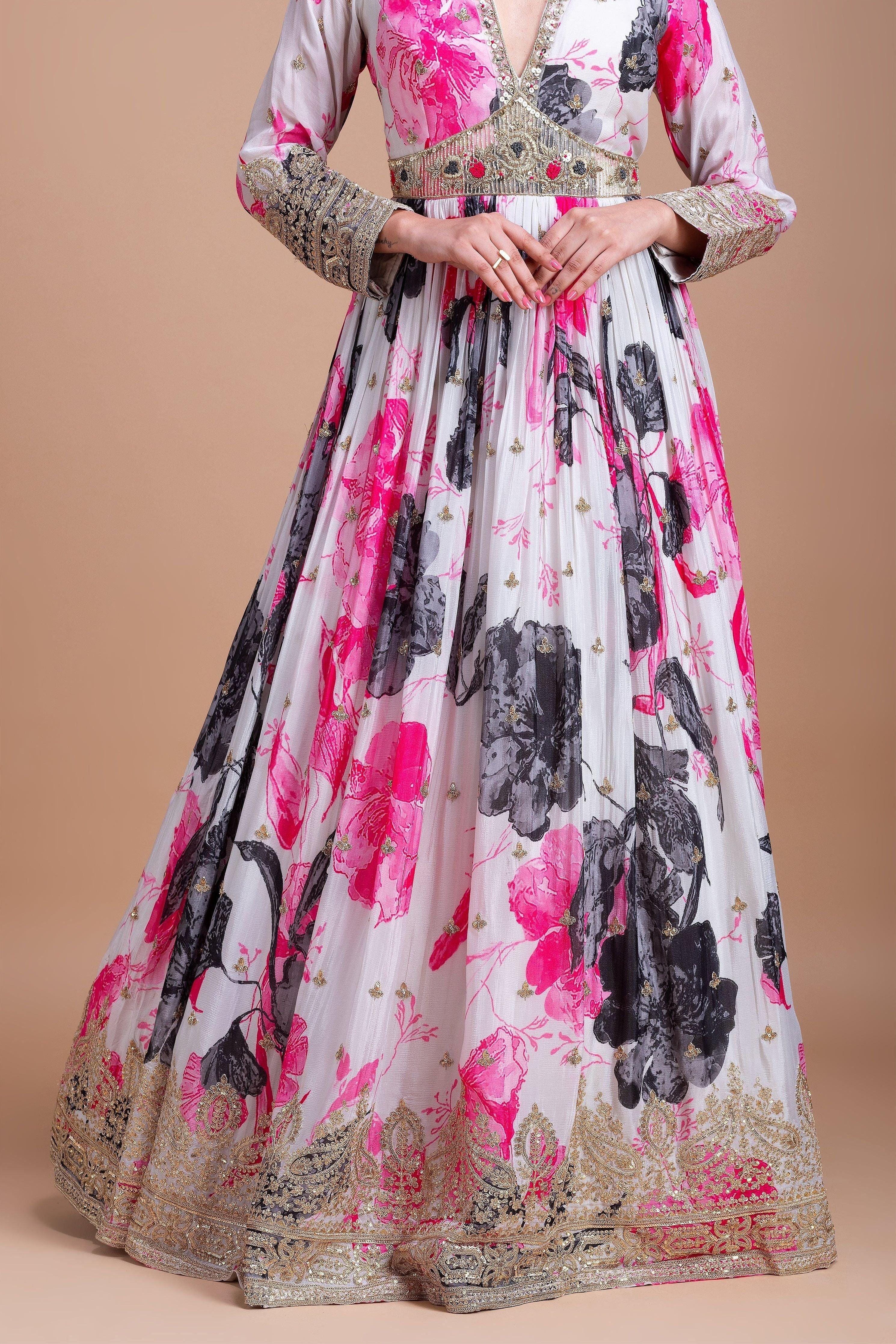 Elegant White Floral Georgette Anarkali Set Mokshaa