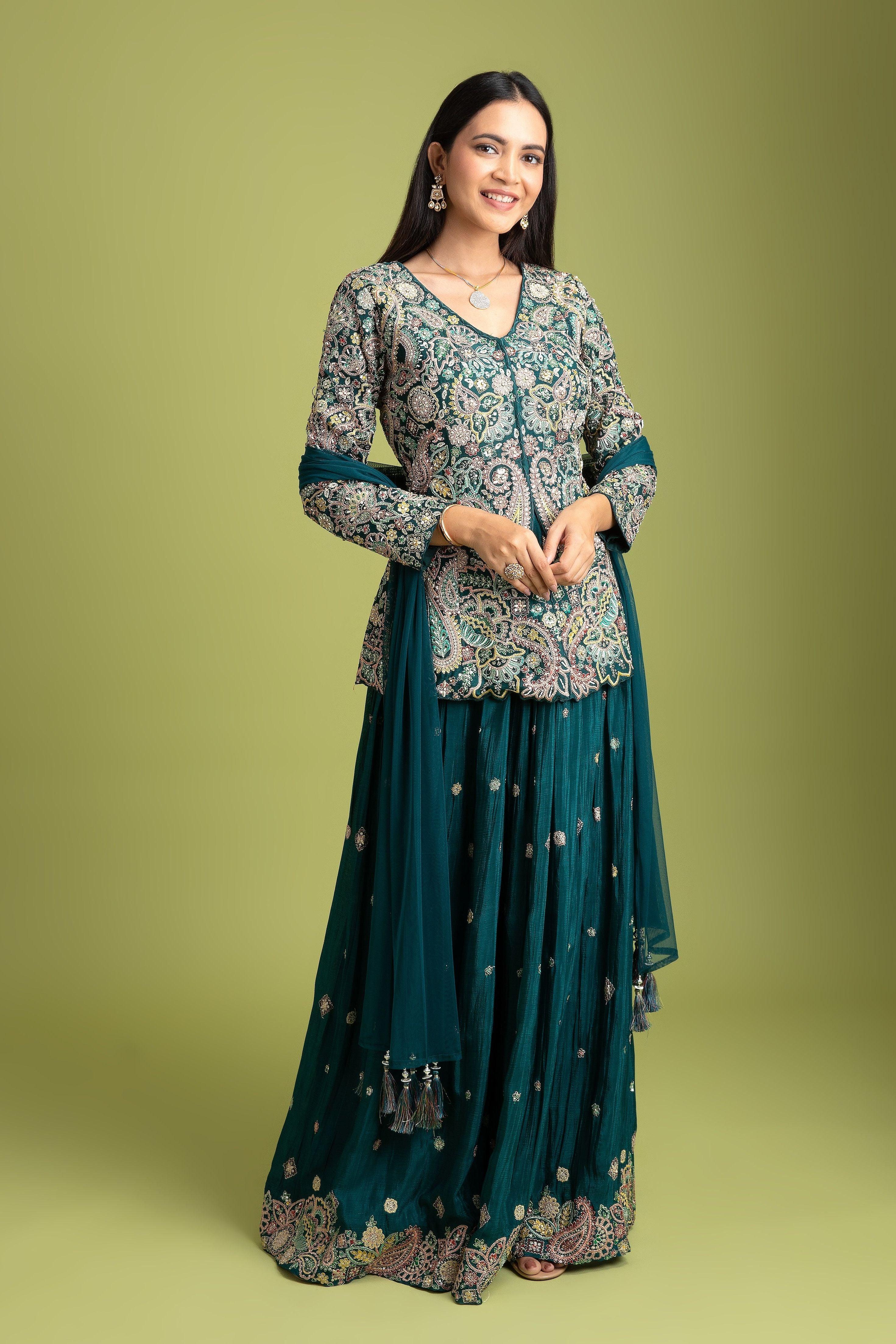 Bottle Green Silk Indo-Western | Mokshaa