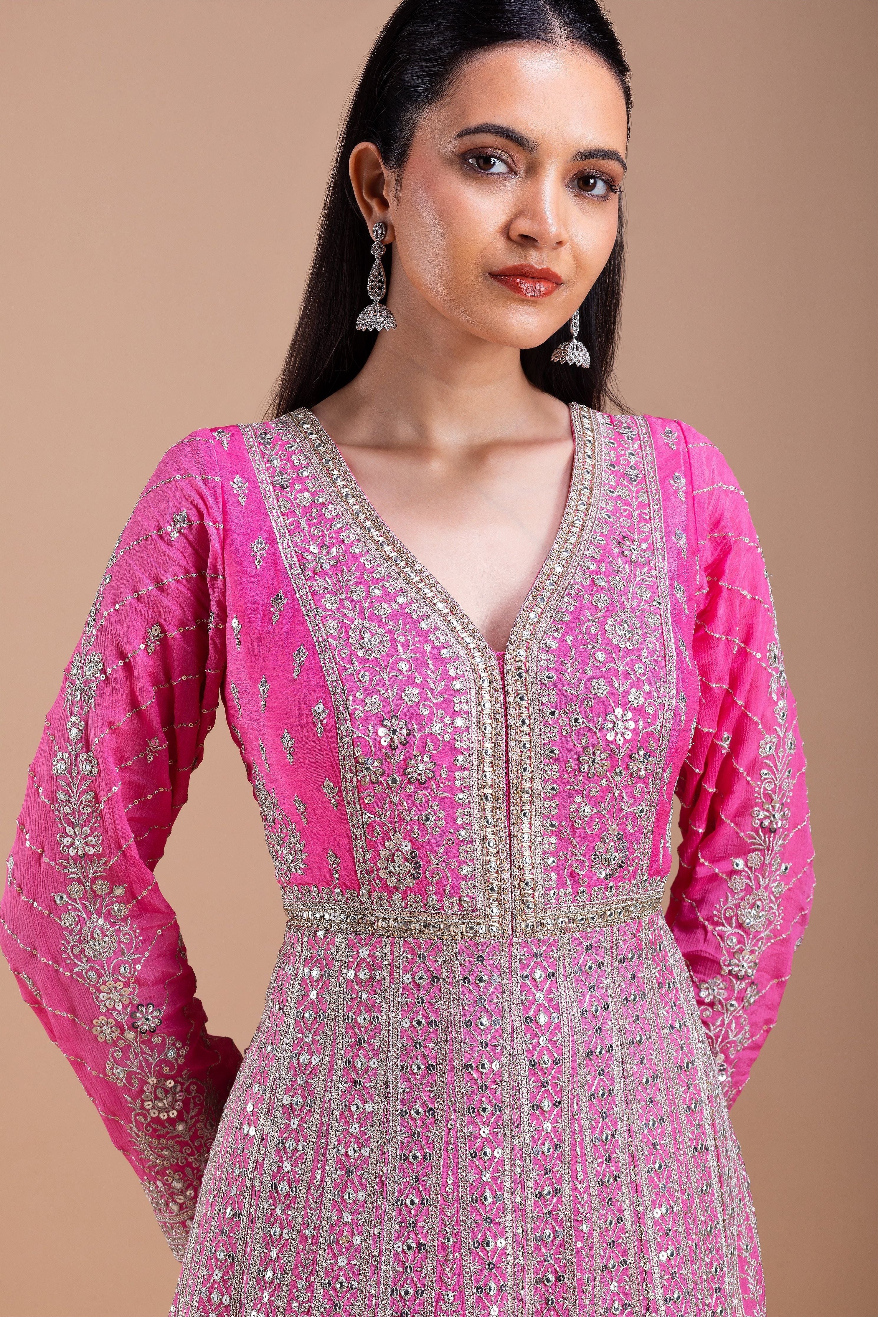 Pink and Red Embroidered Anarkali Set Mokshaa