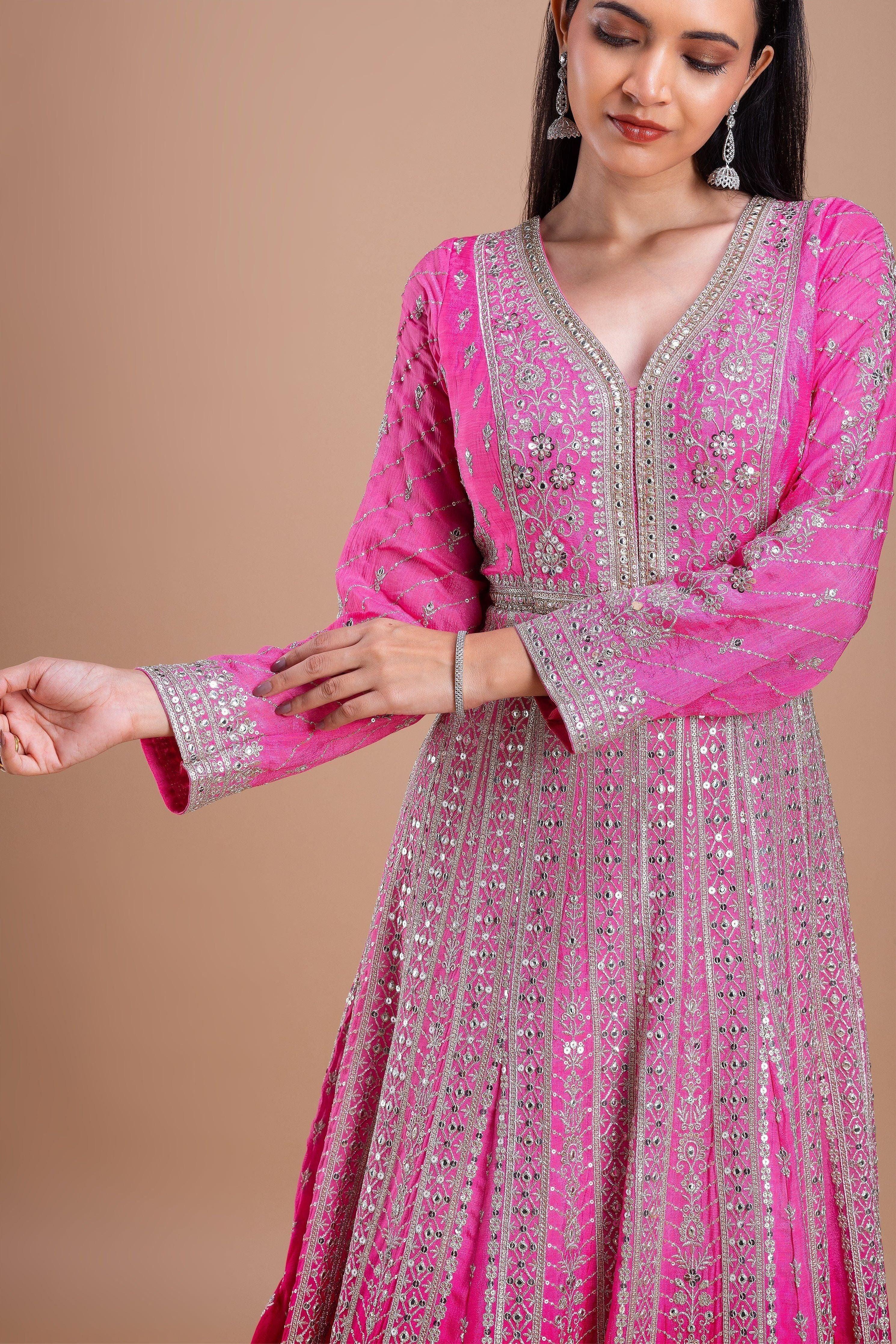 Pink and Red Embroidered Anarkali Set Mokshaa