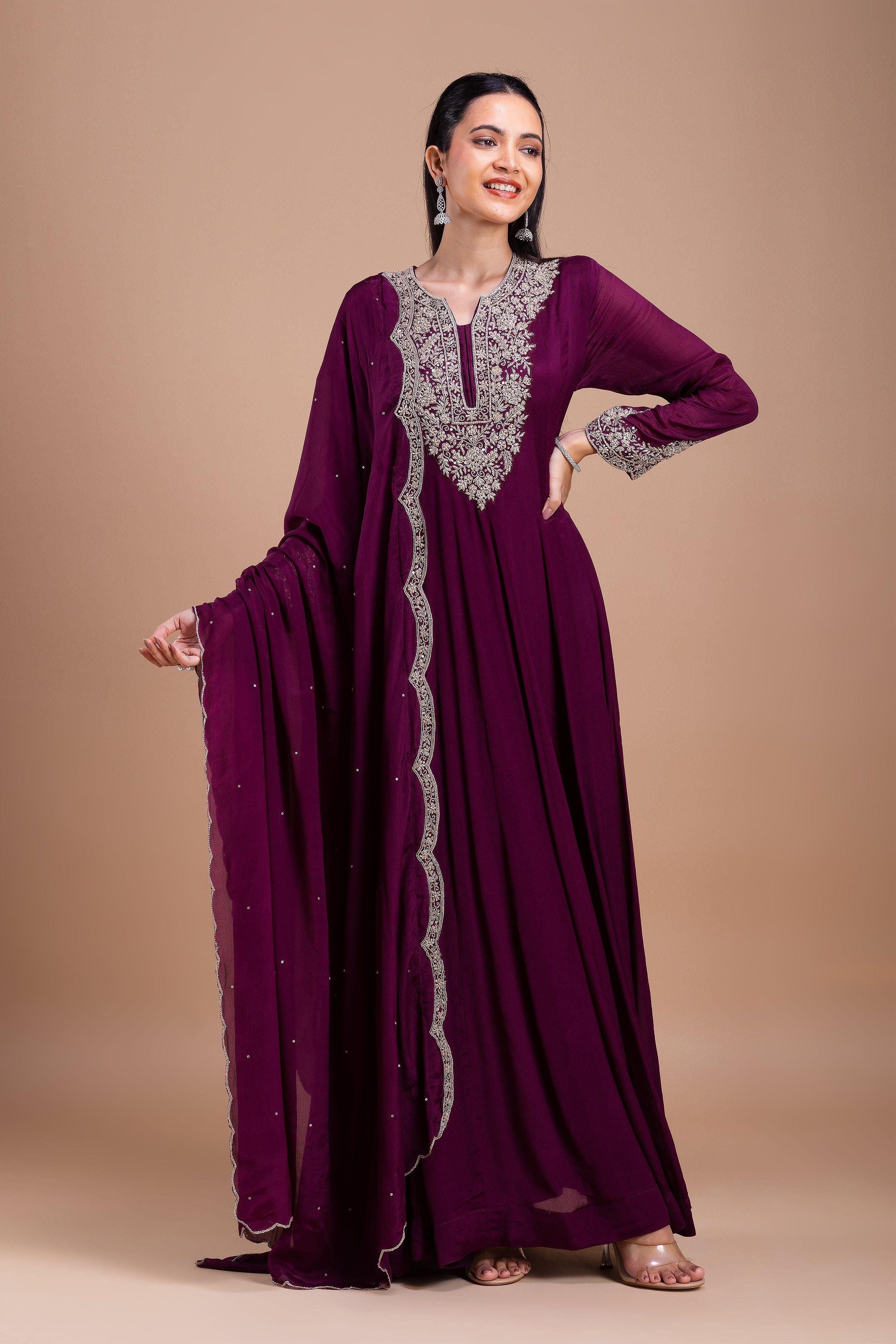 Wine Embroidered Anarkali Set  Mokshaa