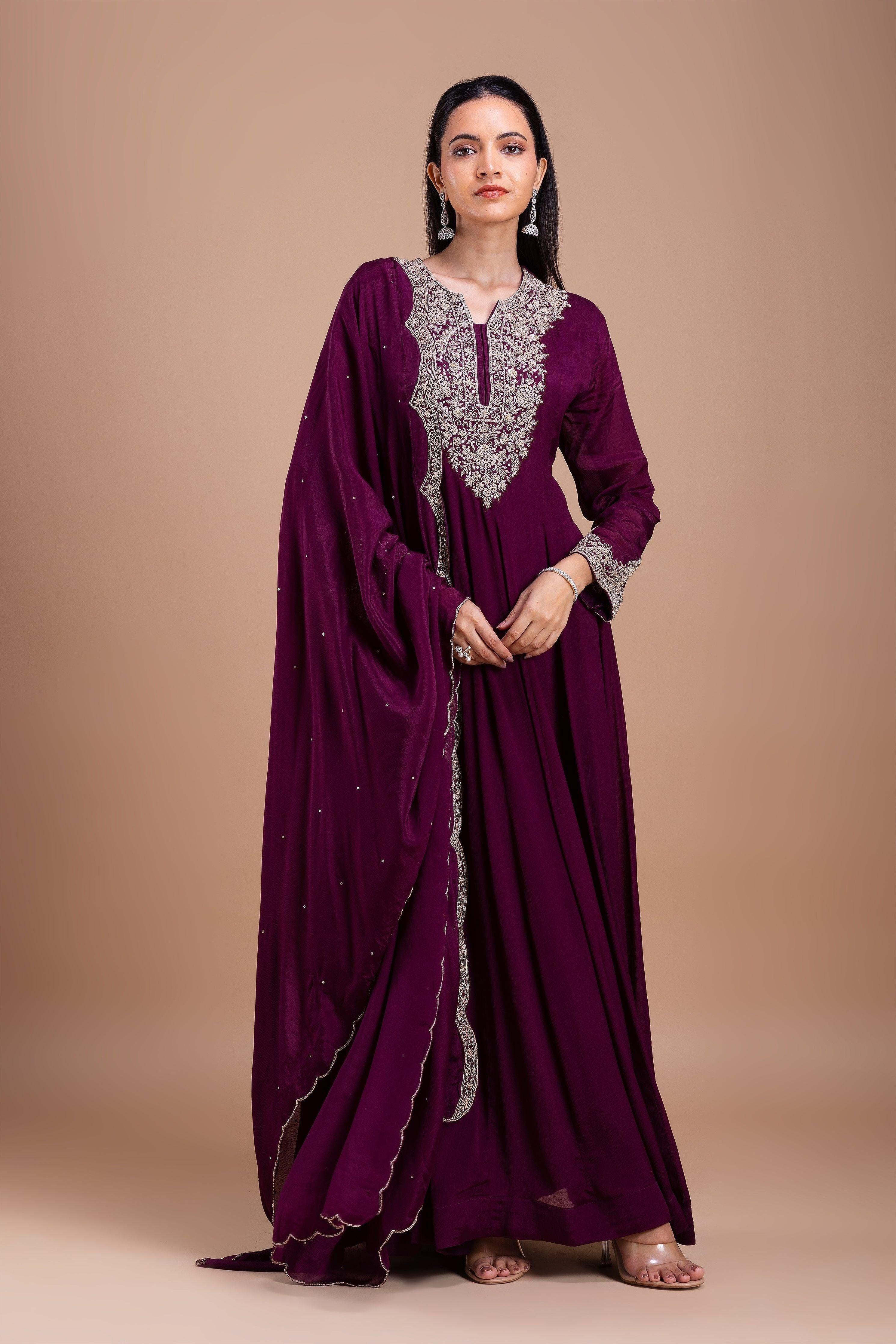 Wine Embroidered Anarkali Set  Mokshaa