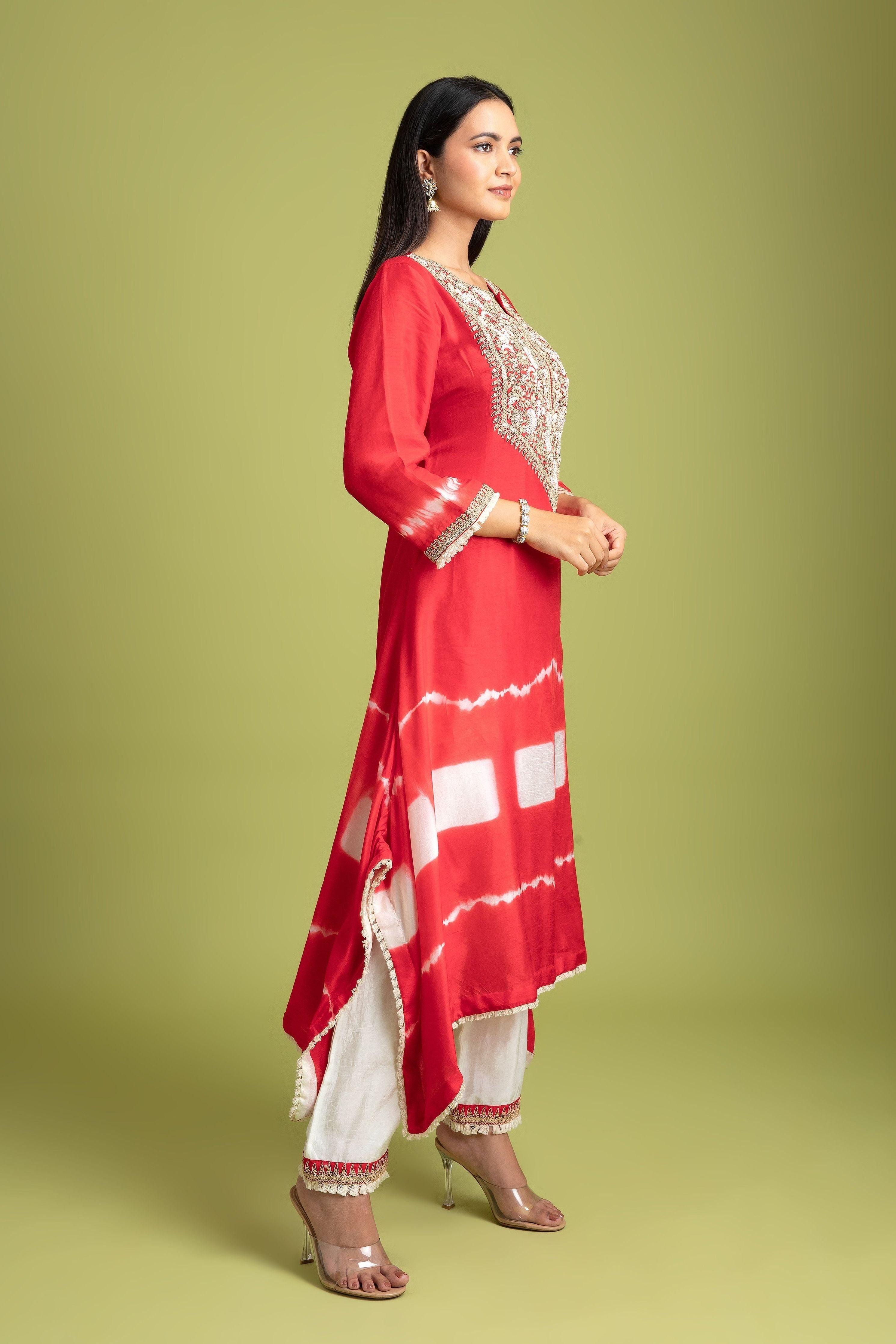 Red Tie-Dye Silk Kurti - Mokshaa