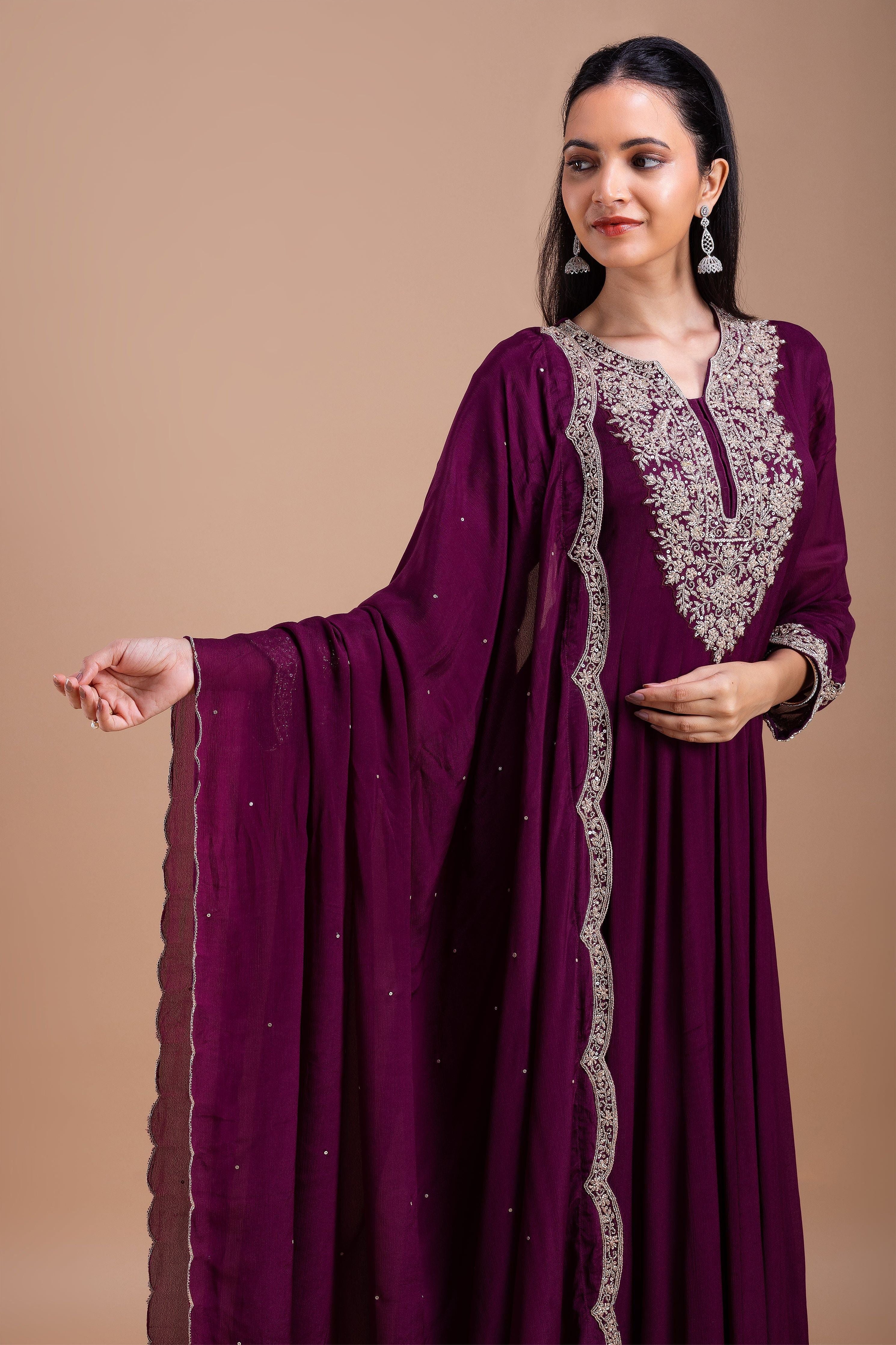 Wine Embroidered Anarkali Set Mokshaa