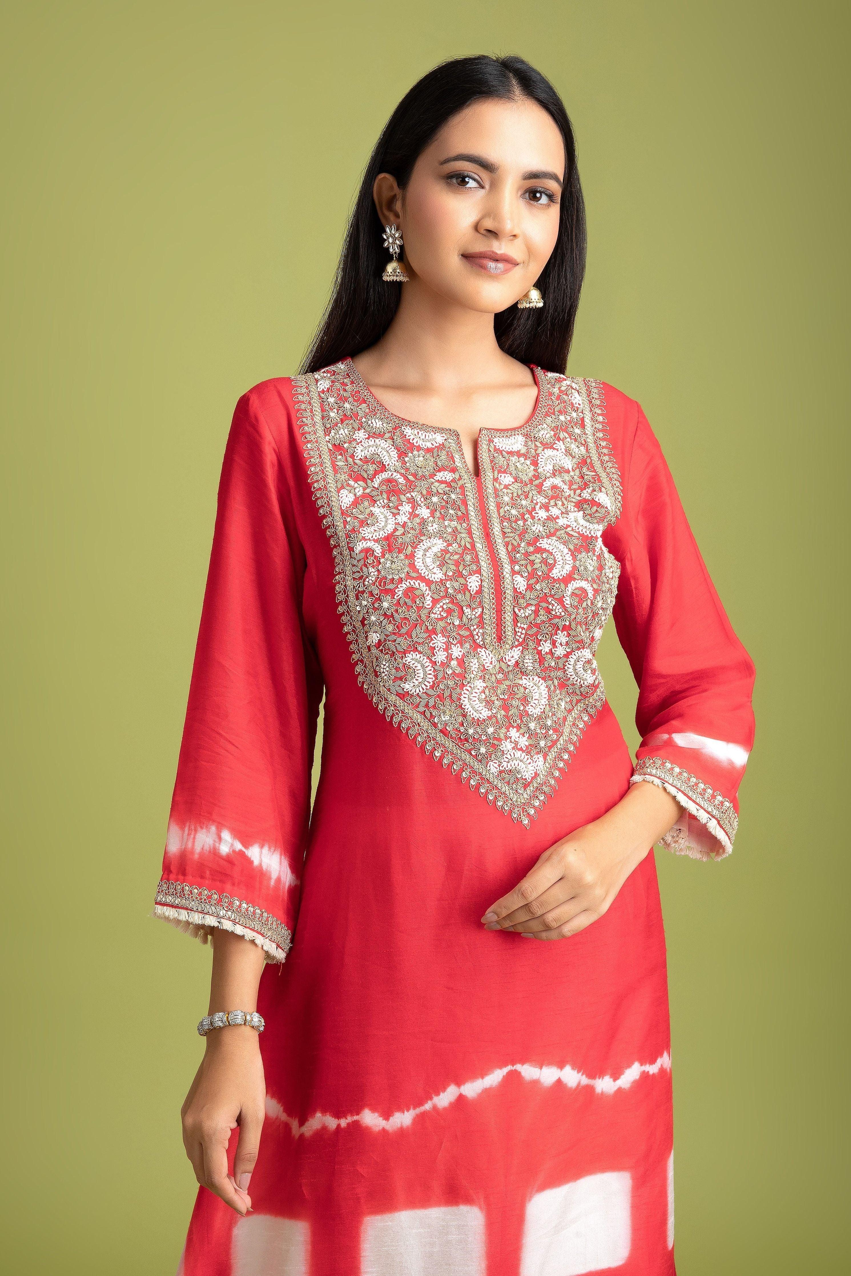 Red Tie-Dye Silk Kurti - Mokshaa