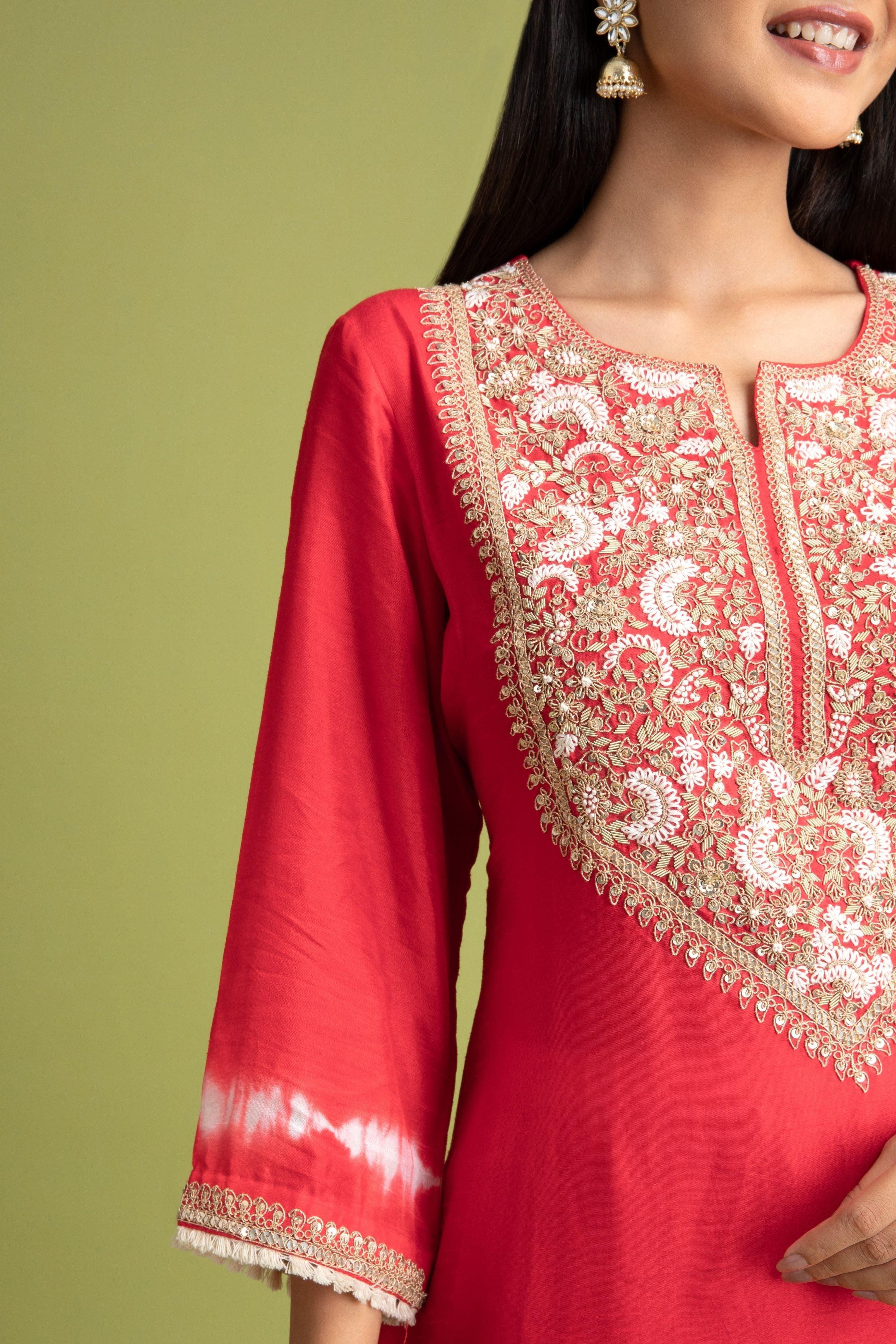 Red Tie-Dye Silk Kurti - Mokshaa