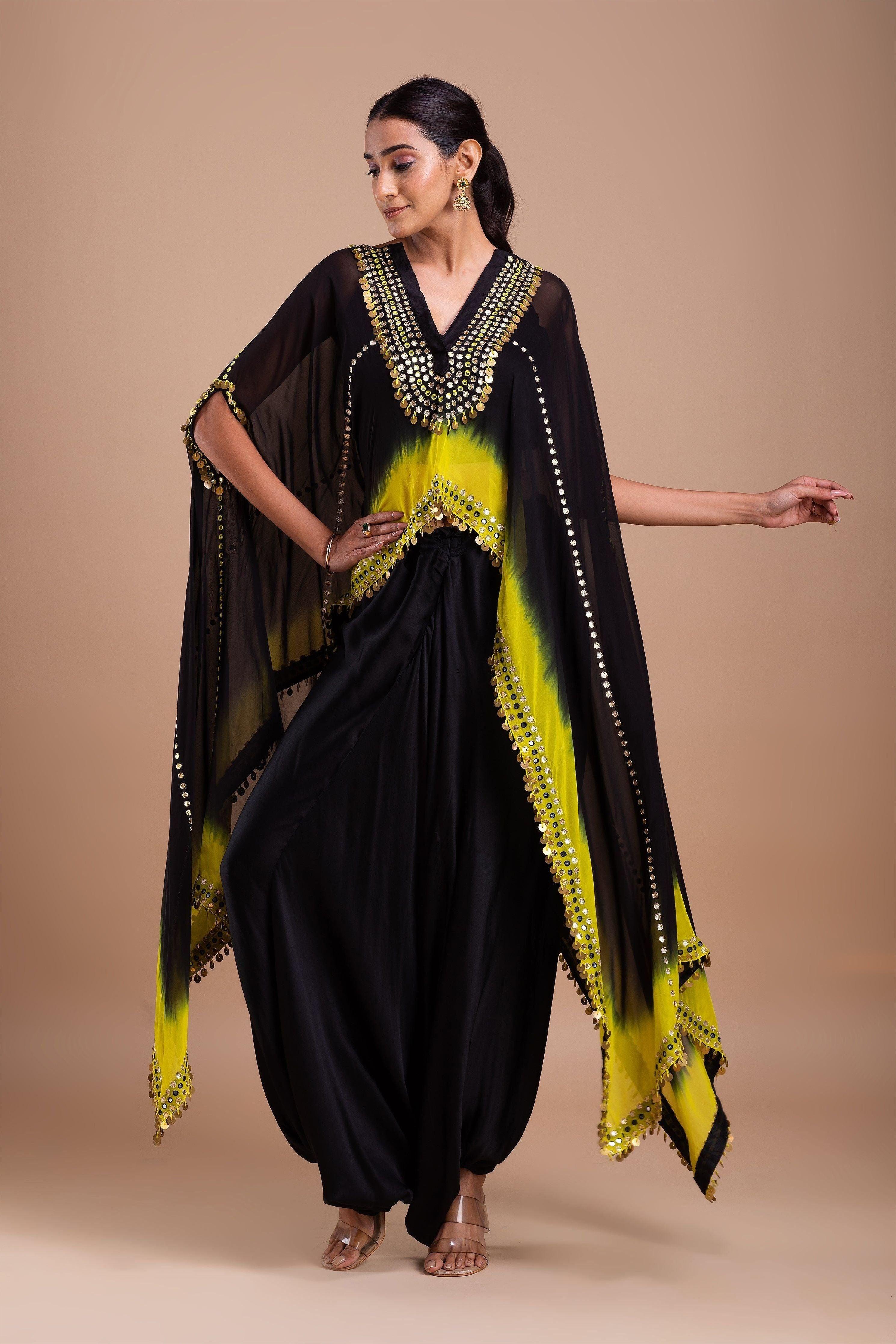 Black and Vibrant Yellow Ombre Indowestern Set Mokshaa