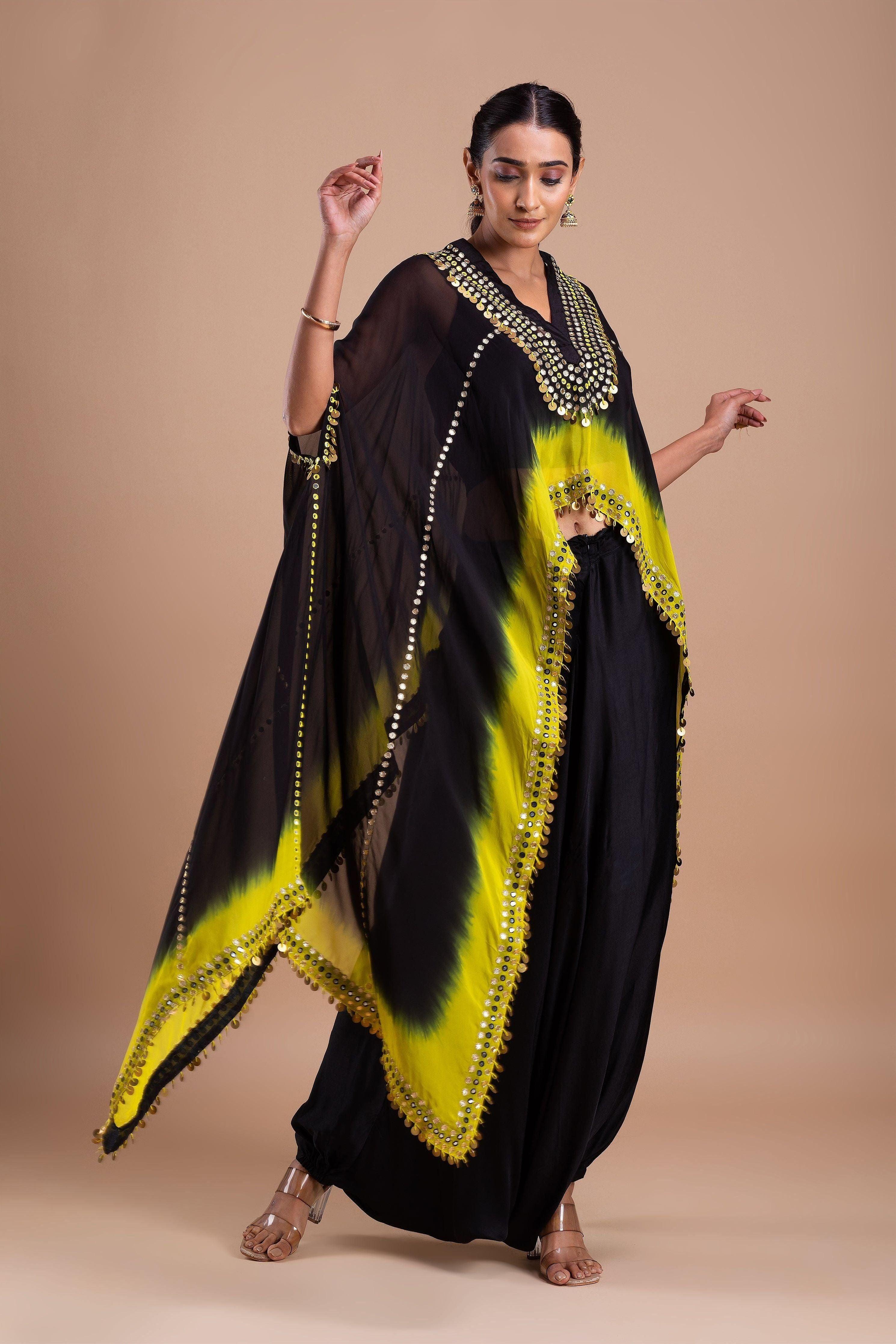 Black and Vibrant Yellow Ombre Indowestern Set Mokshaa
