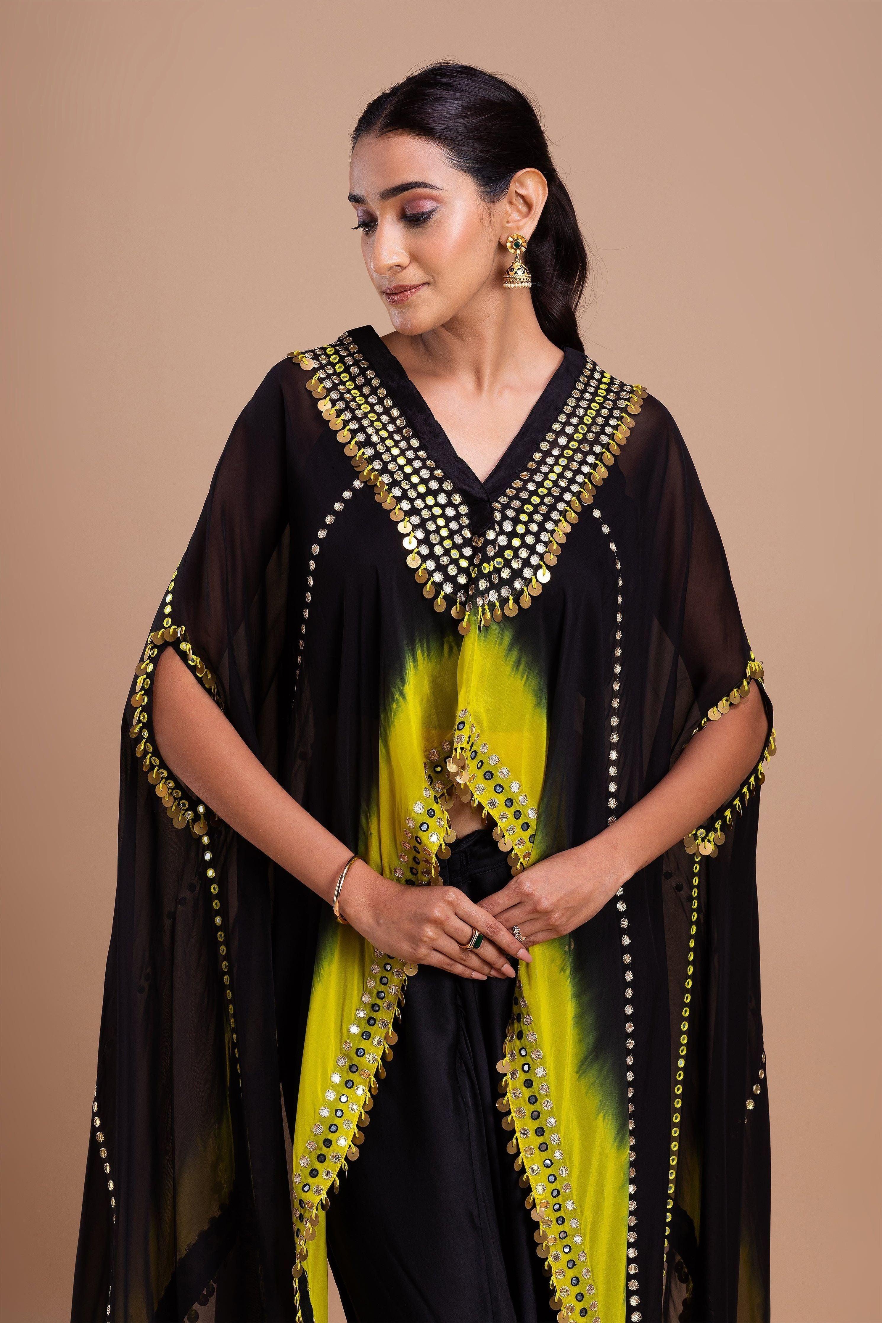 Black and Vibrant Yellow Ombre Indowestern Set Mokshaa