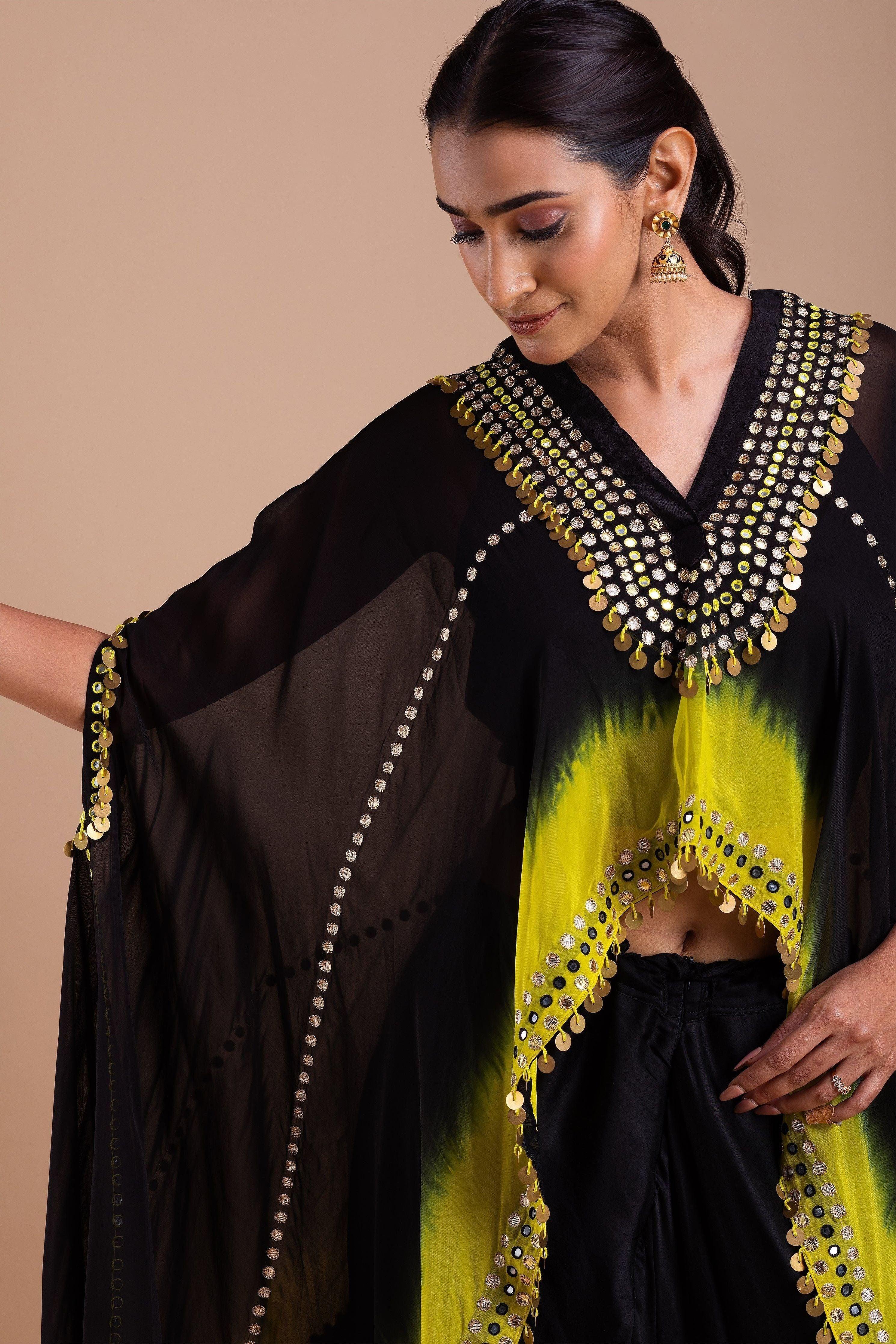 Black and Vibrant Yellow Ombre Indowestern Set Mokshaa