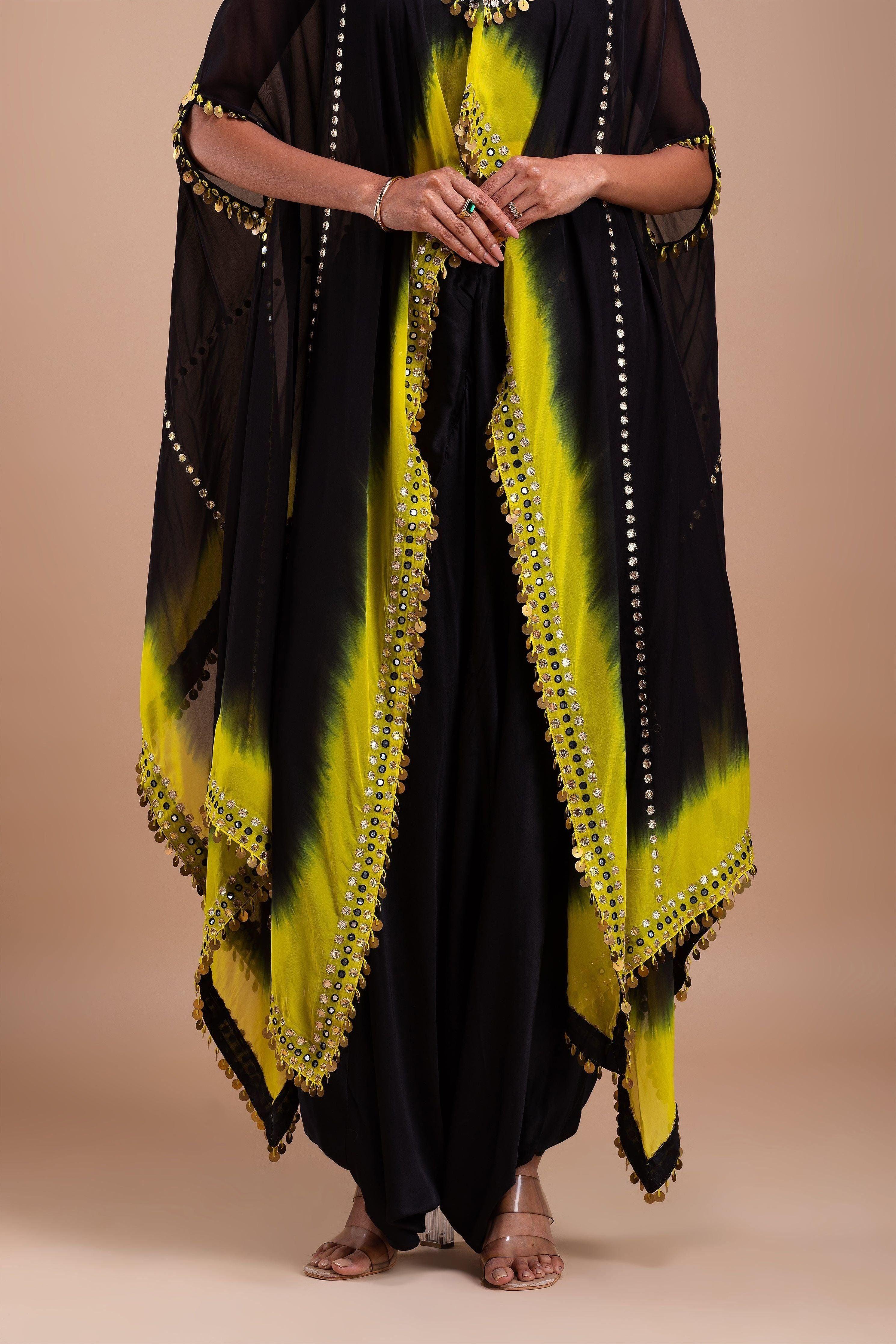 Black and Vibrant Yellow Ombre Indowestern Set Mokshaa
