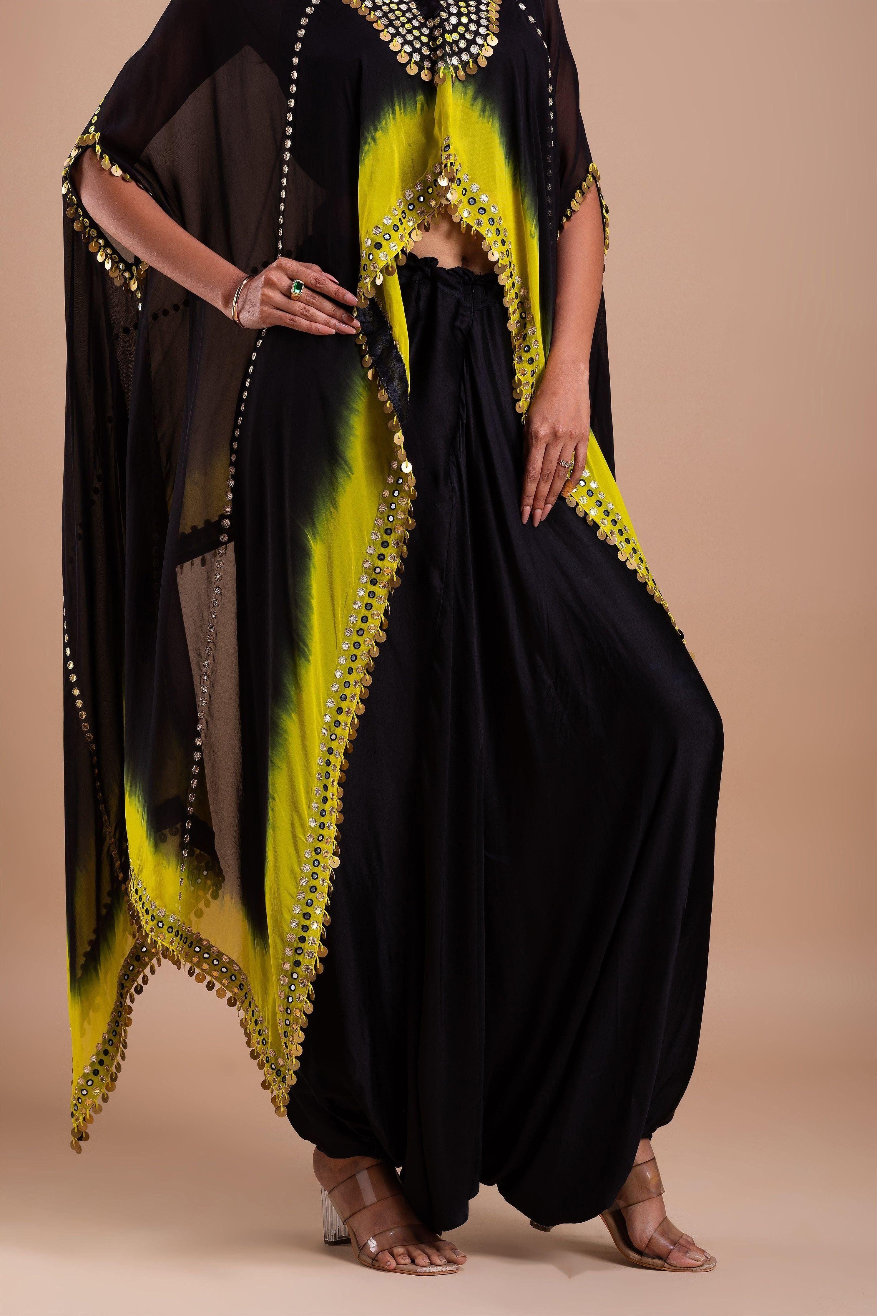 Black and Vibrant Yellow Ombre Indowestern Set Mokshaa