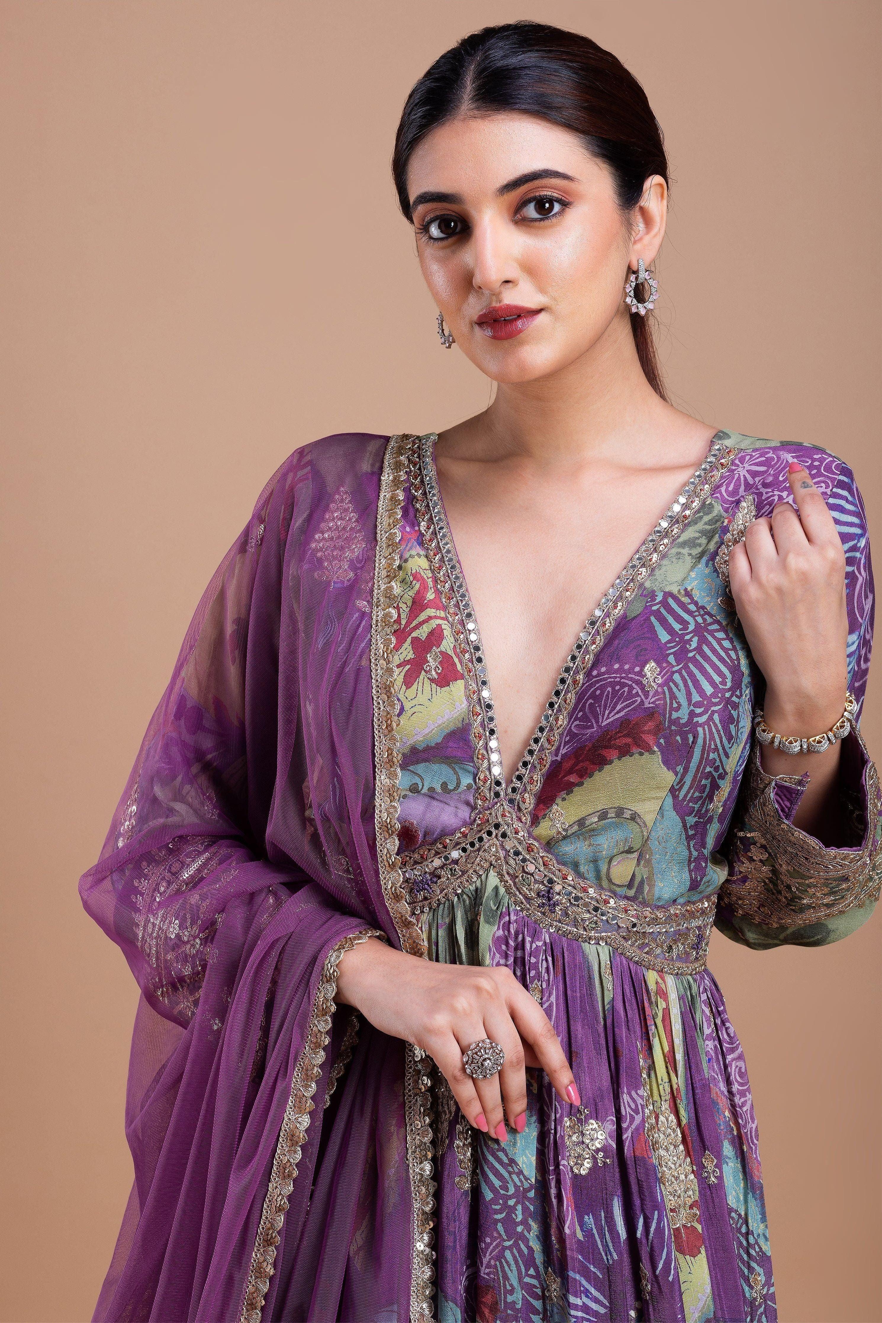 Regal Purple Floral Printed Anarkali Set Mokshaa
