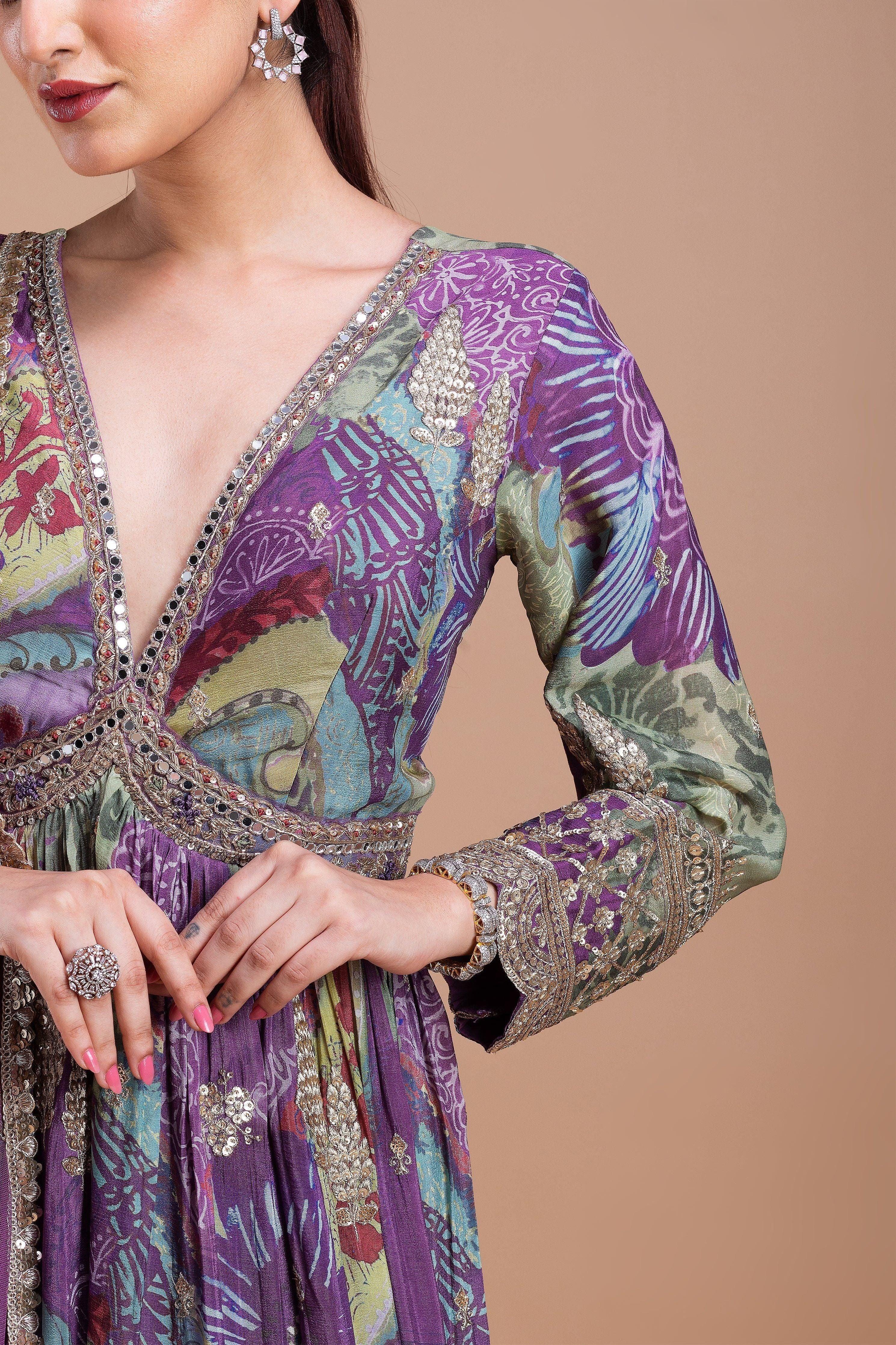 Regal Purple Floral Printed Anarkali Set Mokshaa