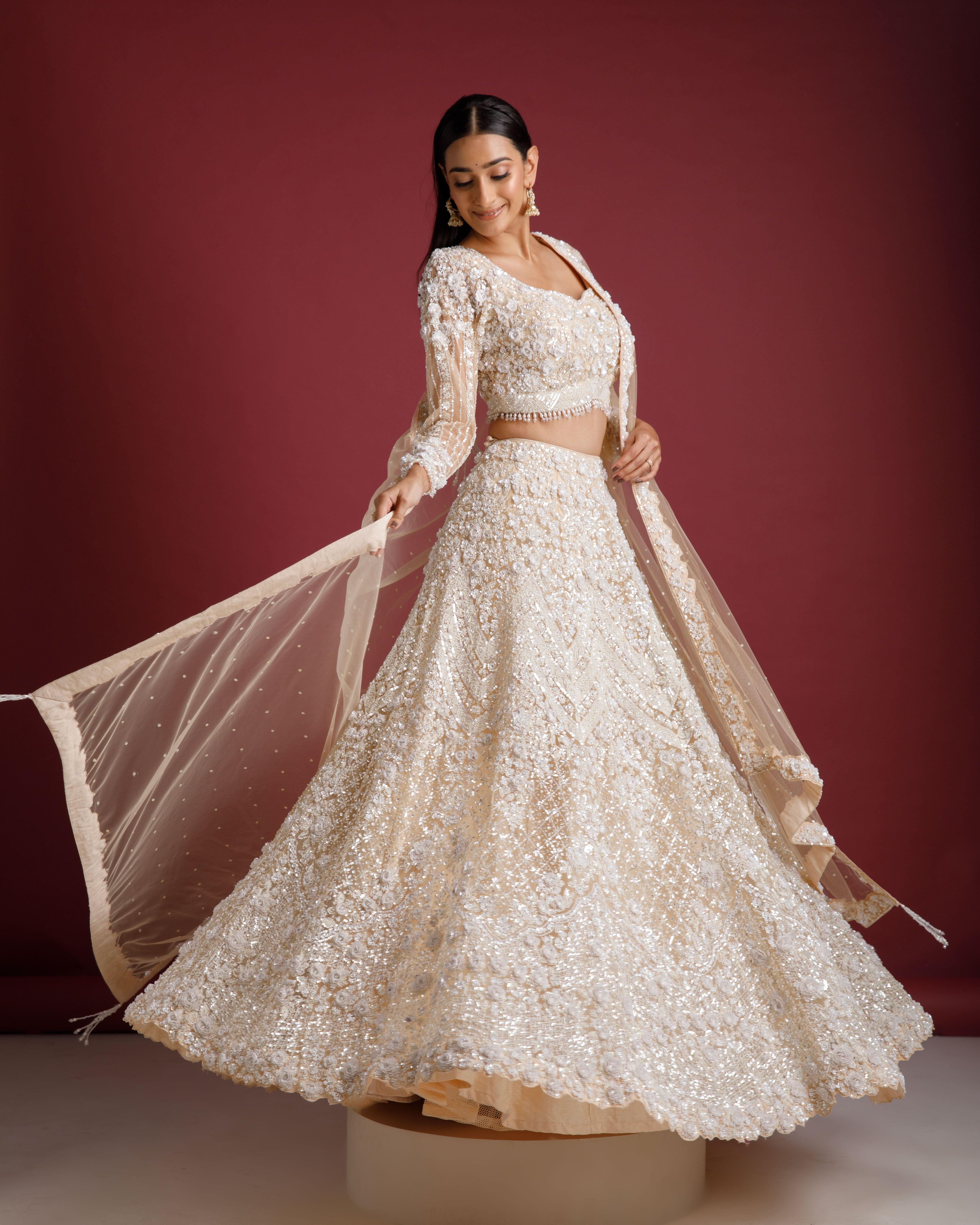 Beige Net Embroidered Lehenga Set - Mokshaa
