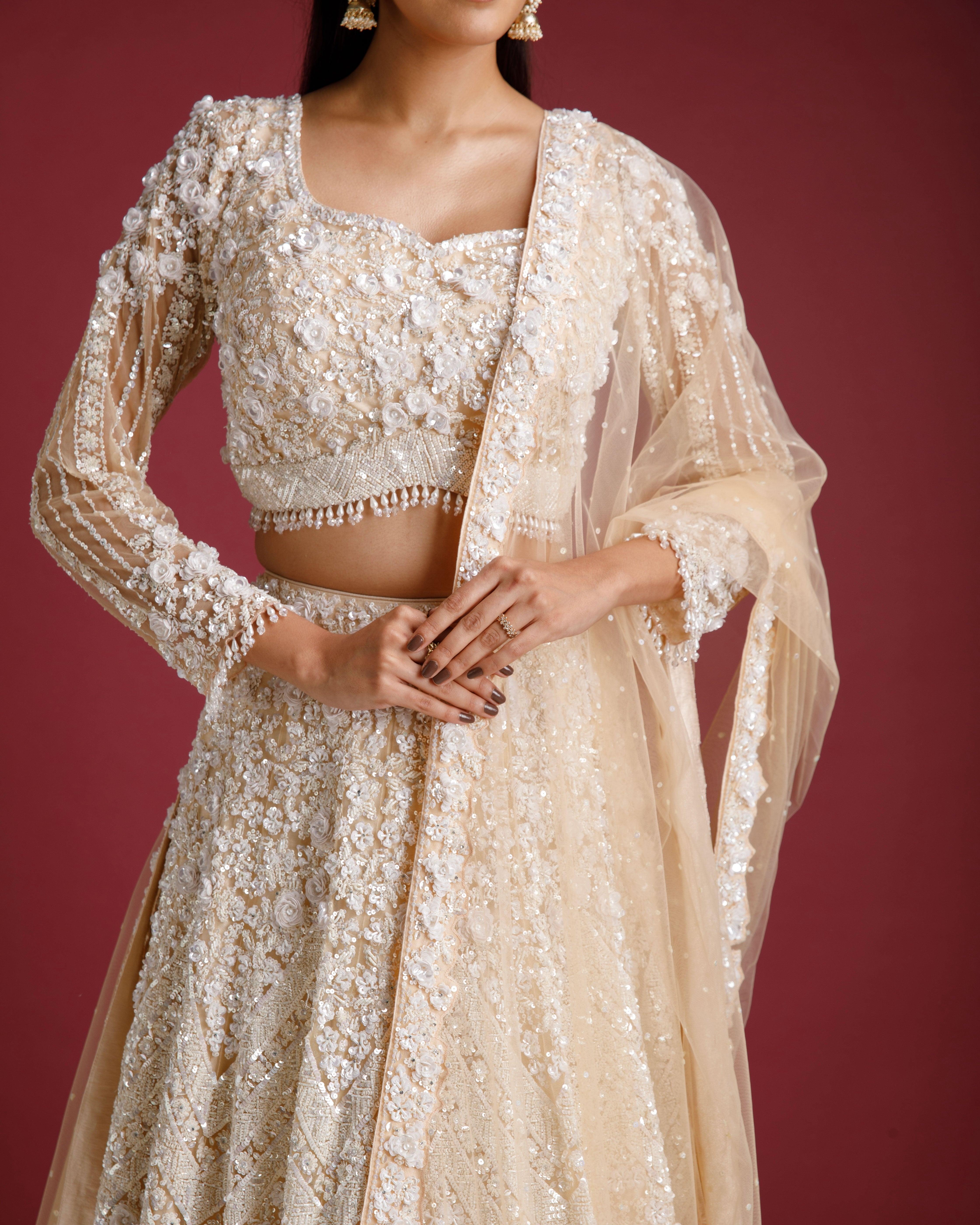 Beige Net Embroidered Lehenga Set - Mokshaa
