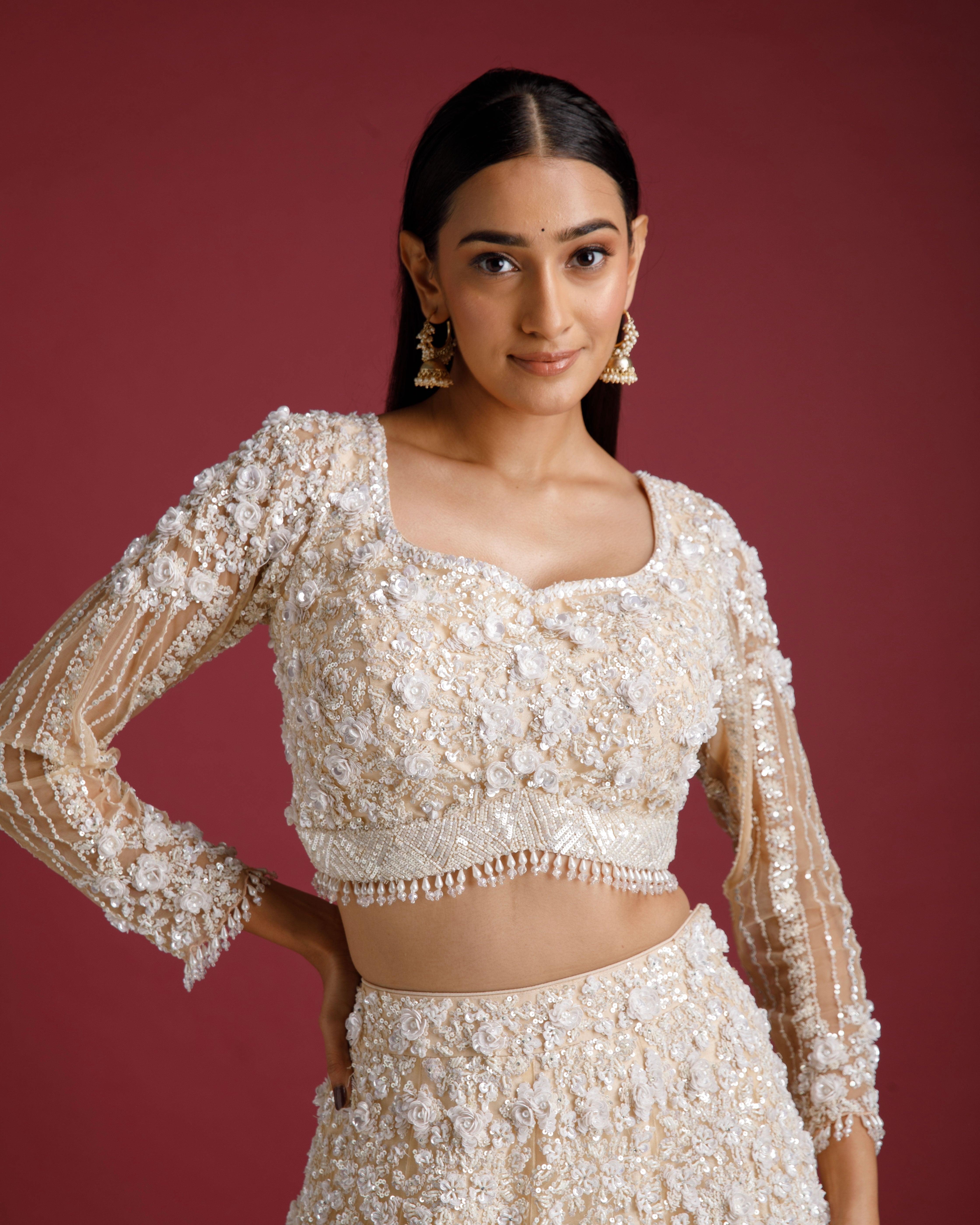 Beige Net Embroidered Lehenga Set - Mokshaa