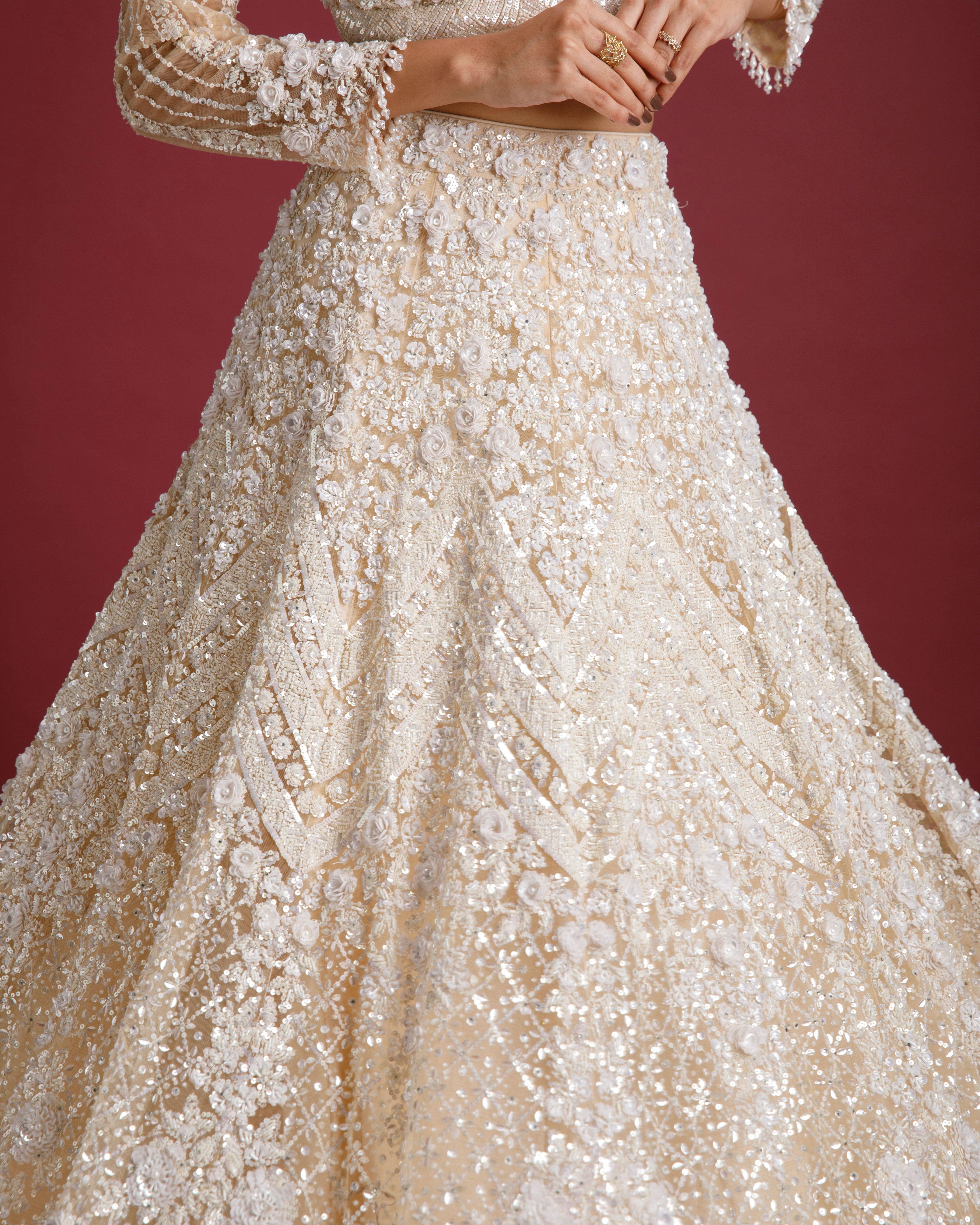 Beige Net Embroidered Lehenga Set - Mokshaa