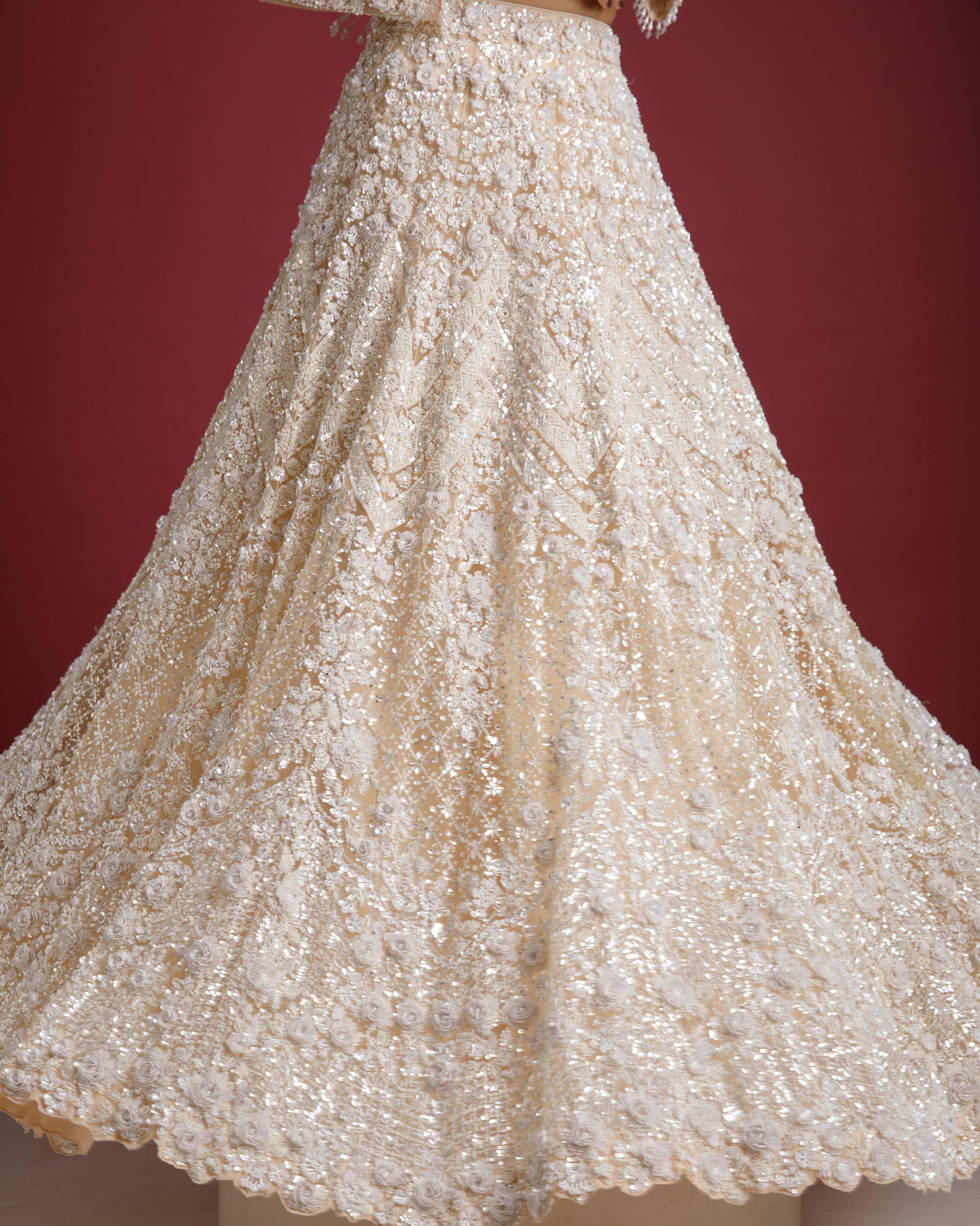 Beige Net Embroidered Lehenga Set - Mokshaa