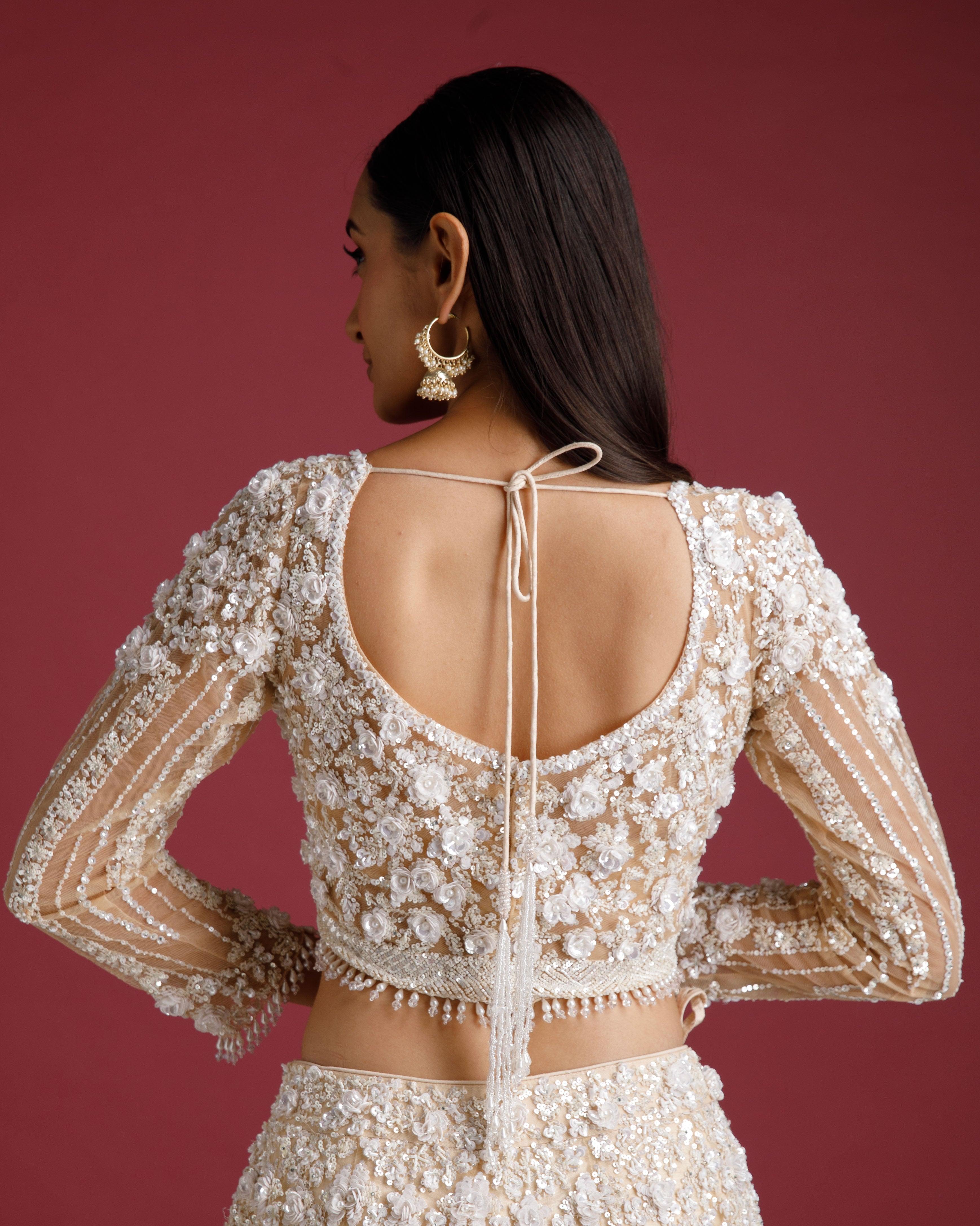 Beige Net Embroidered Lehenga Set - Mokshaa