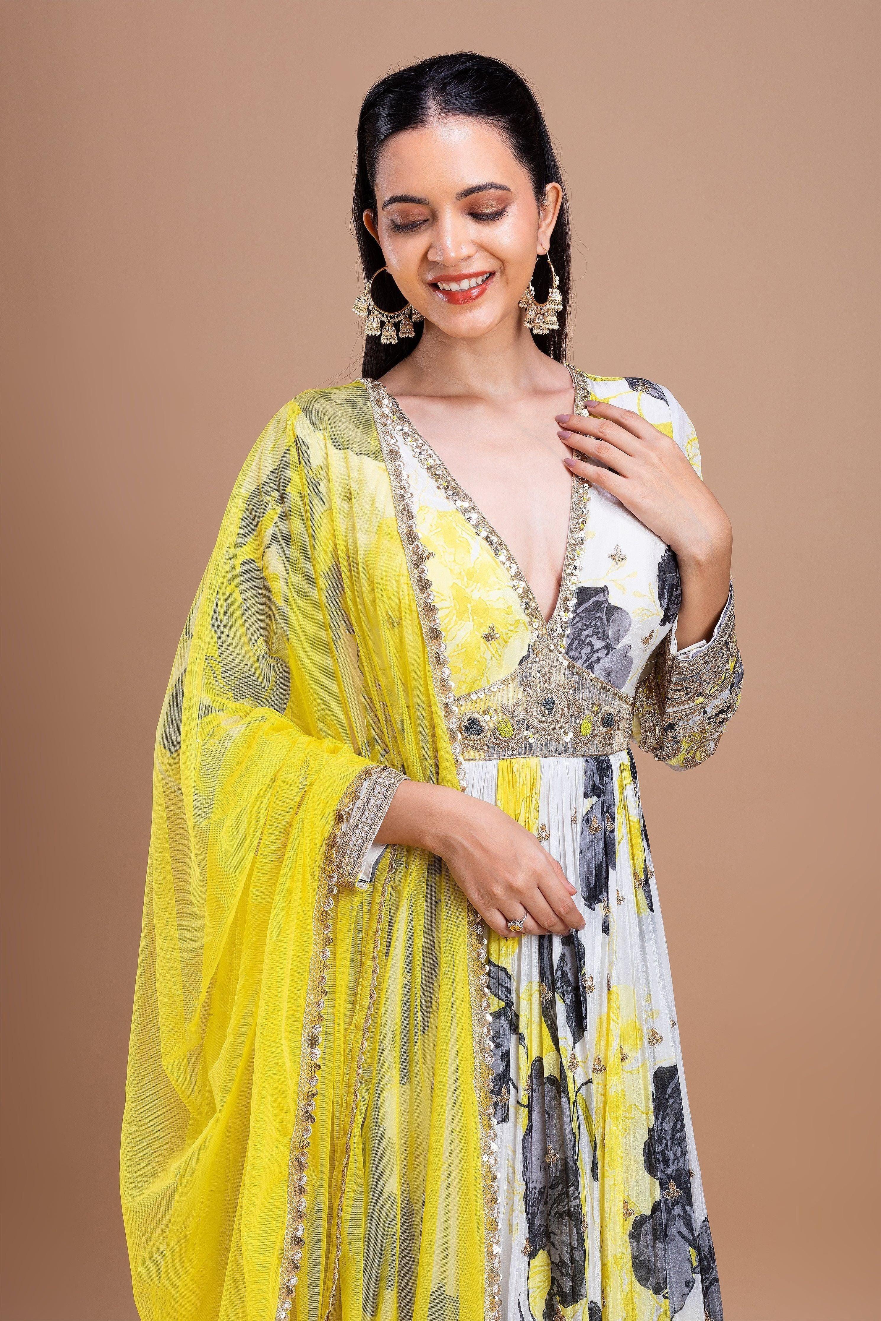 White and Yellow Printed Anarkali Set  Mokshaa