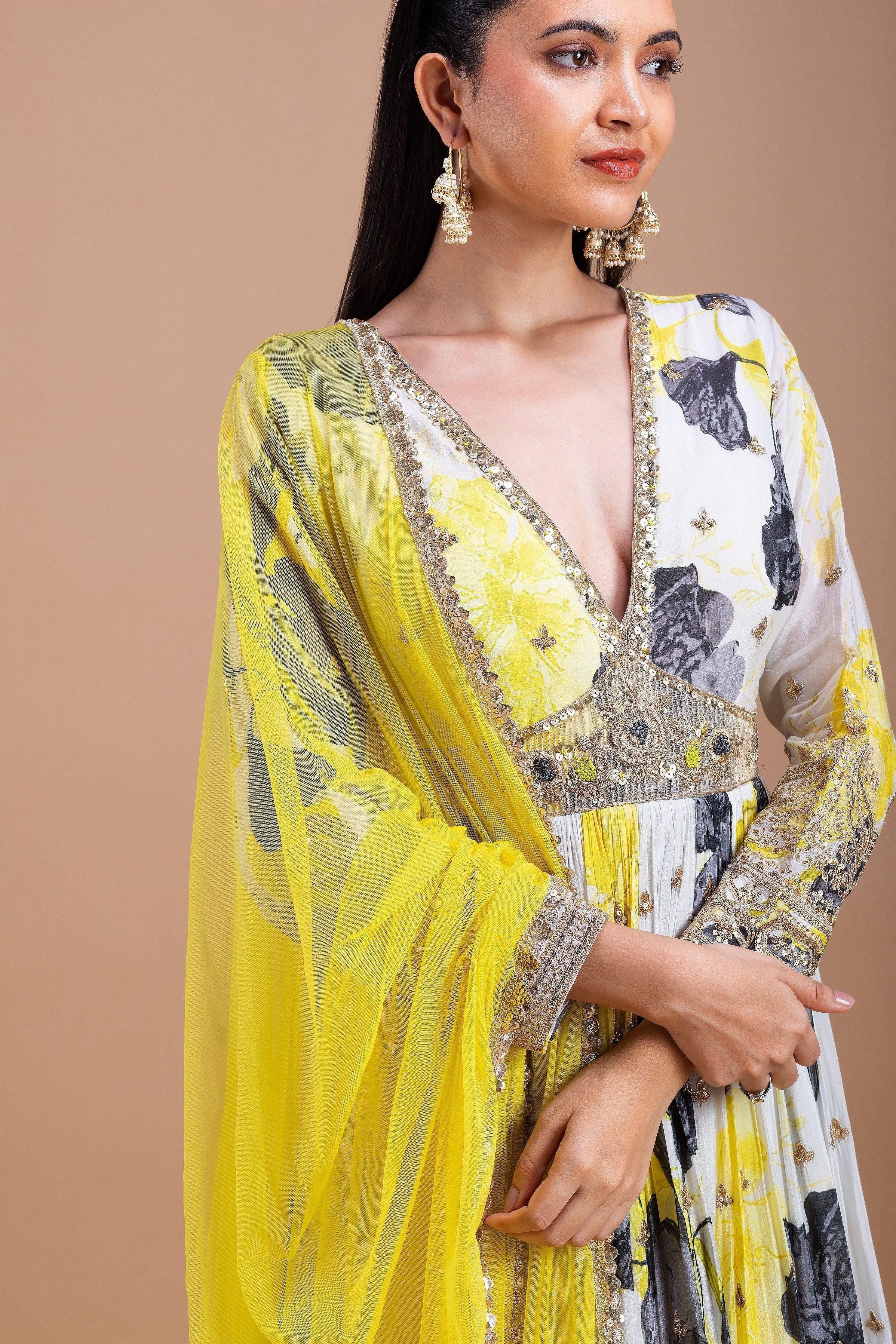 White and Yellow Printed Anarkali Set  Mokshaa