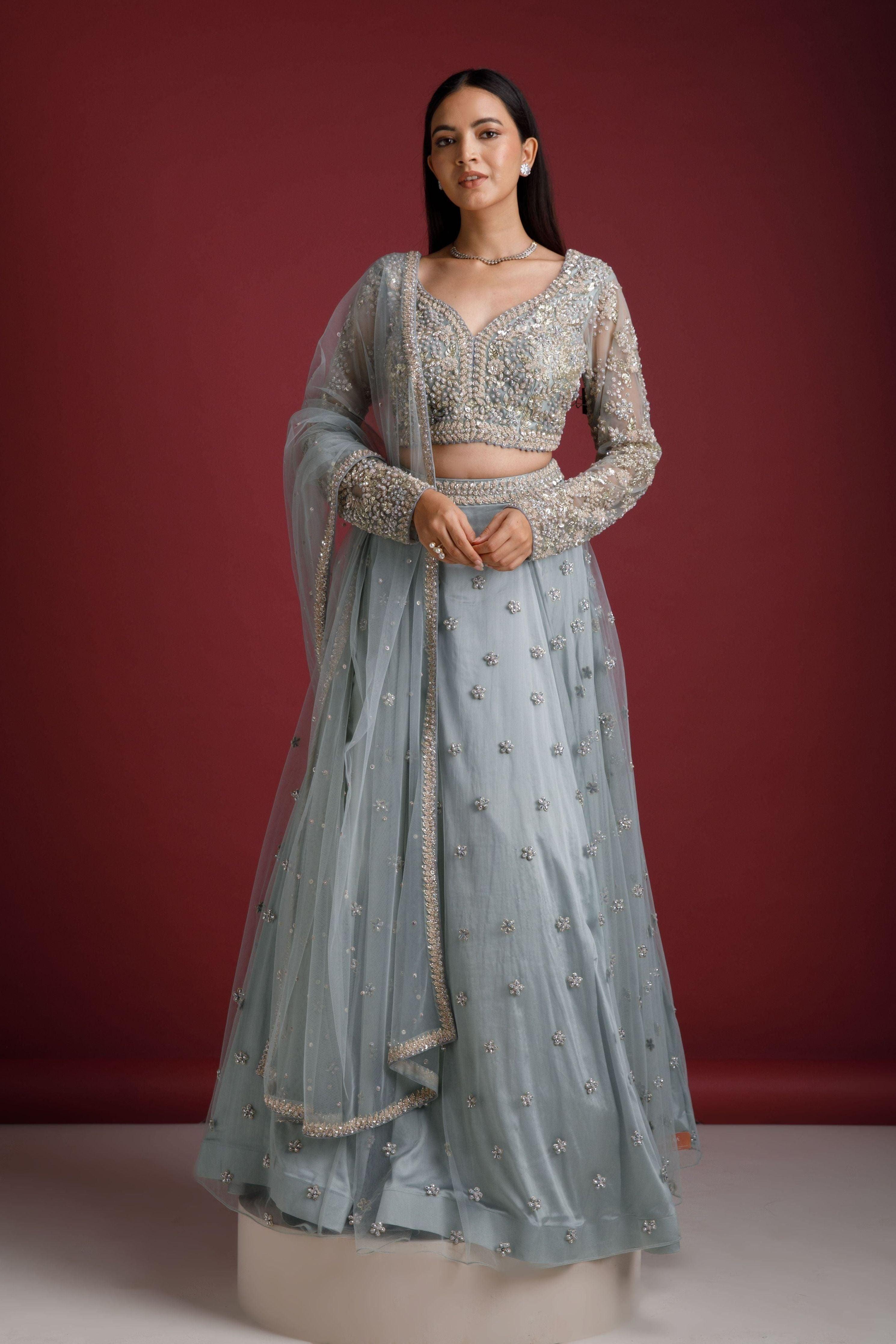 women's light blue easter dress Ash Blue Net Embroidered Lehenga Set | Premium Lehenga