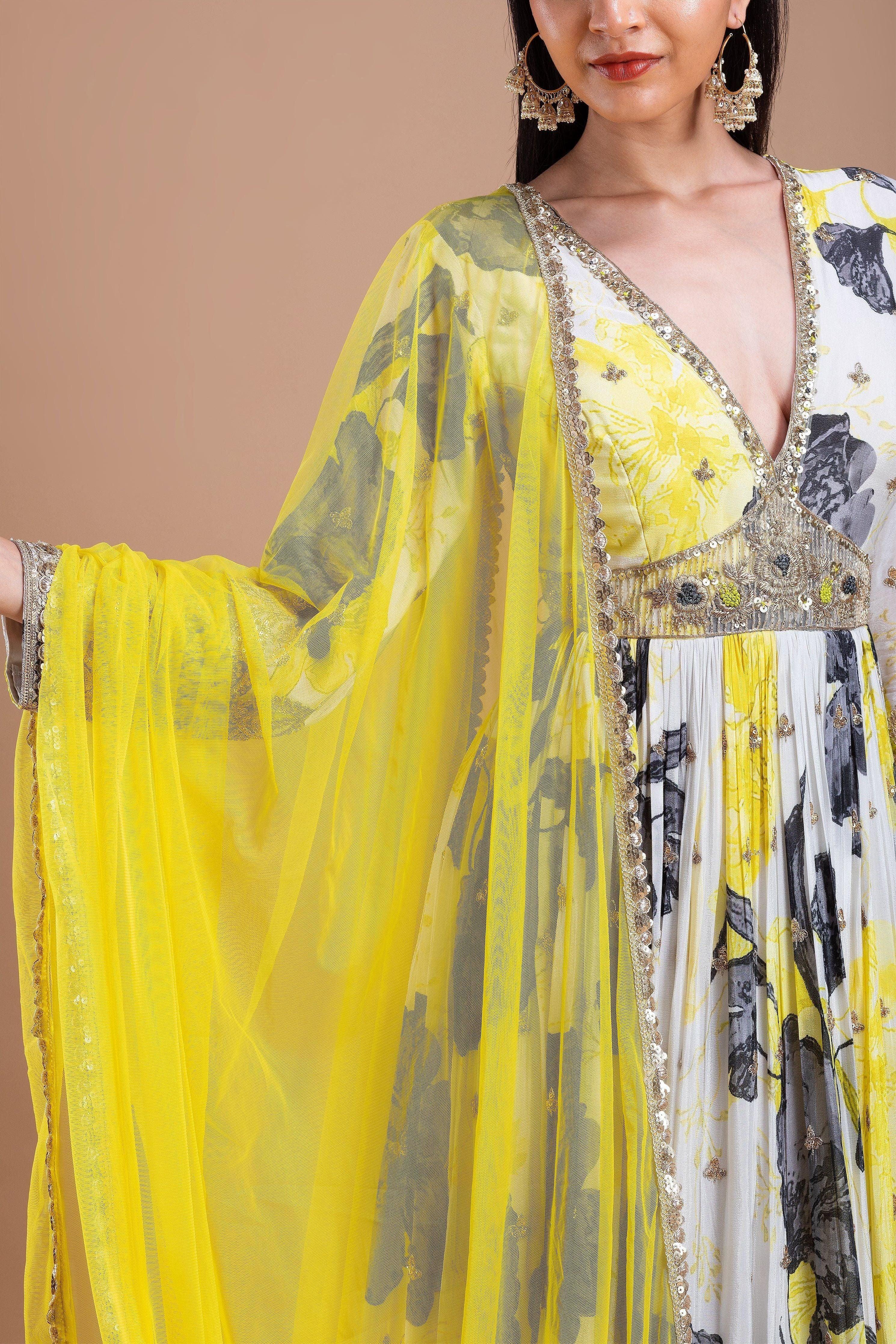 White and Yellow Printed Anarkali Set  Mokshaa