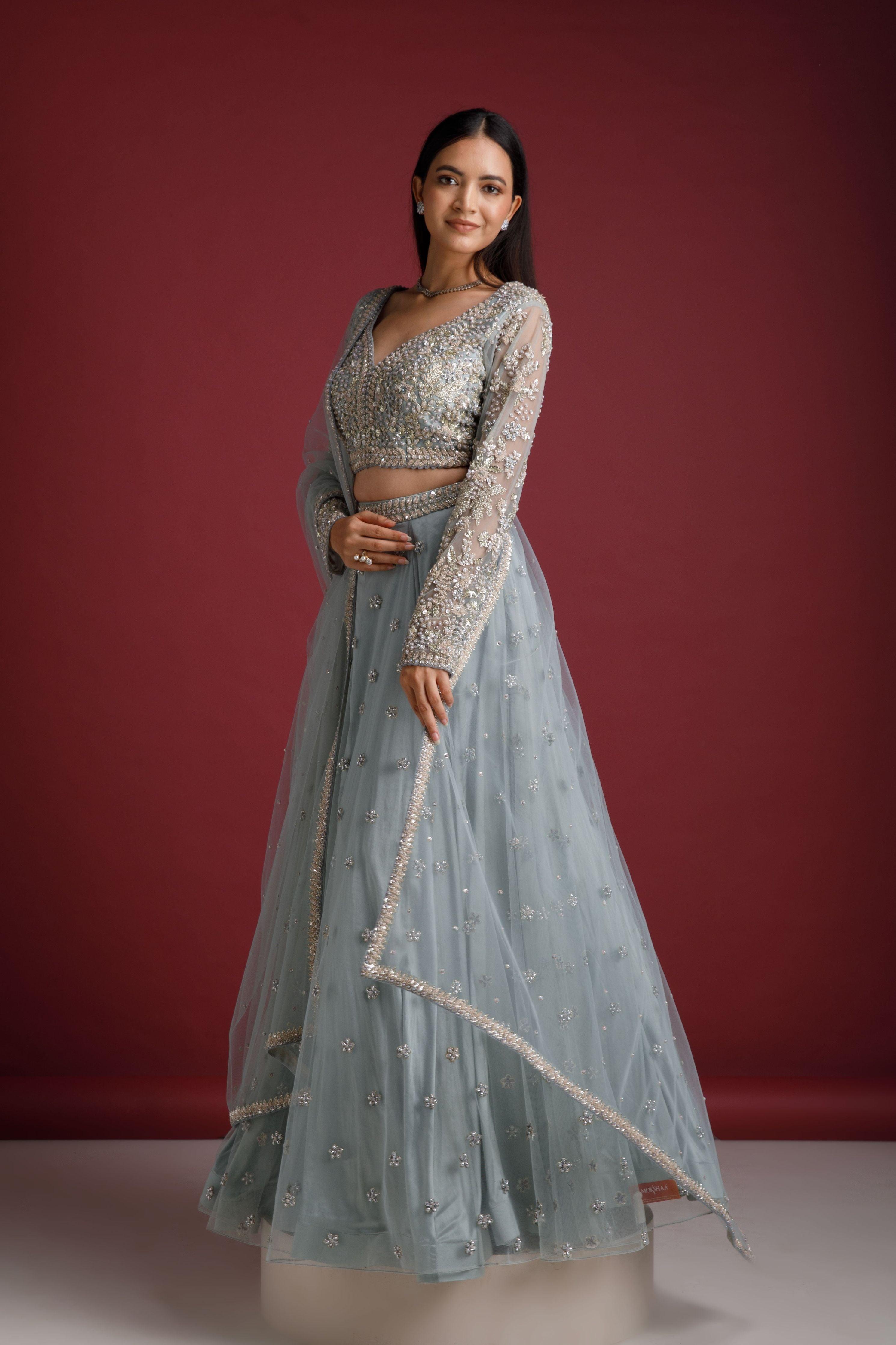 Ash Blue Net Embroidered Lehenga Set - Mokshaa