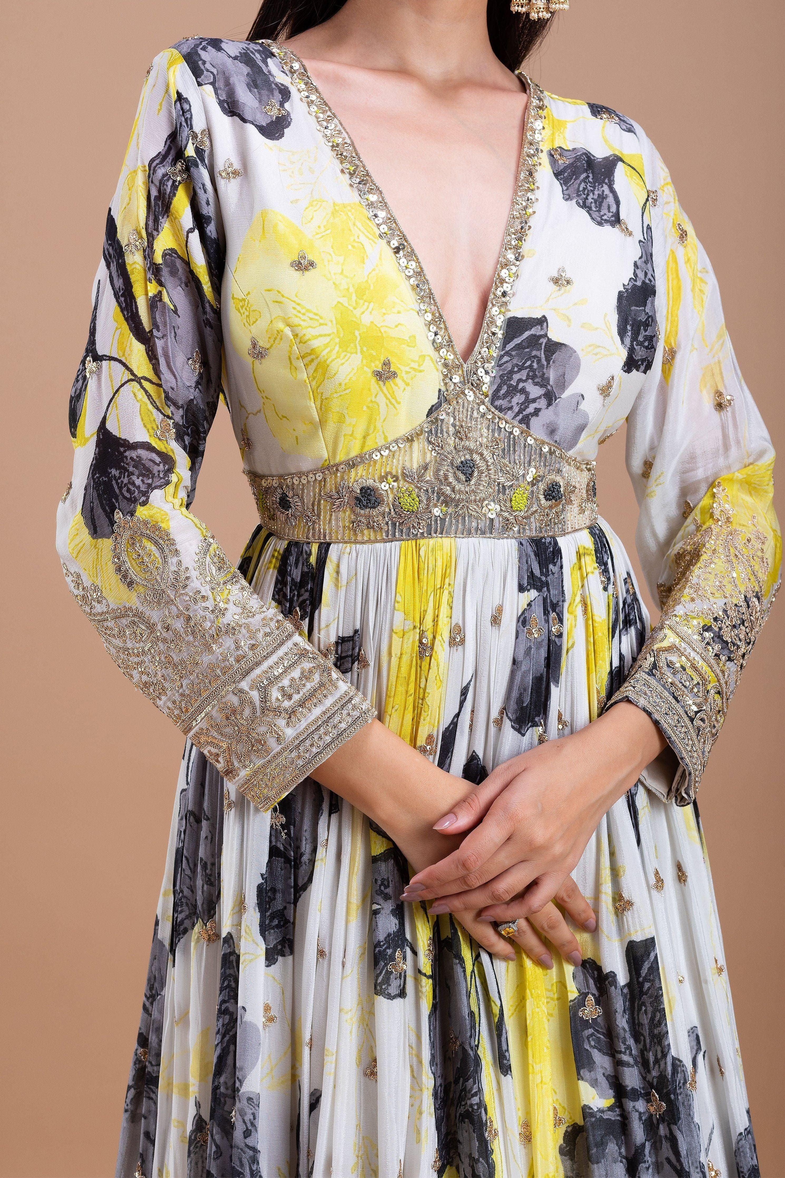 White and Yellow Printed Anarkali Set  Mokshaa