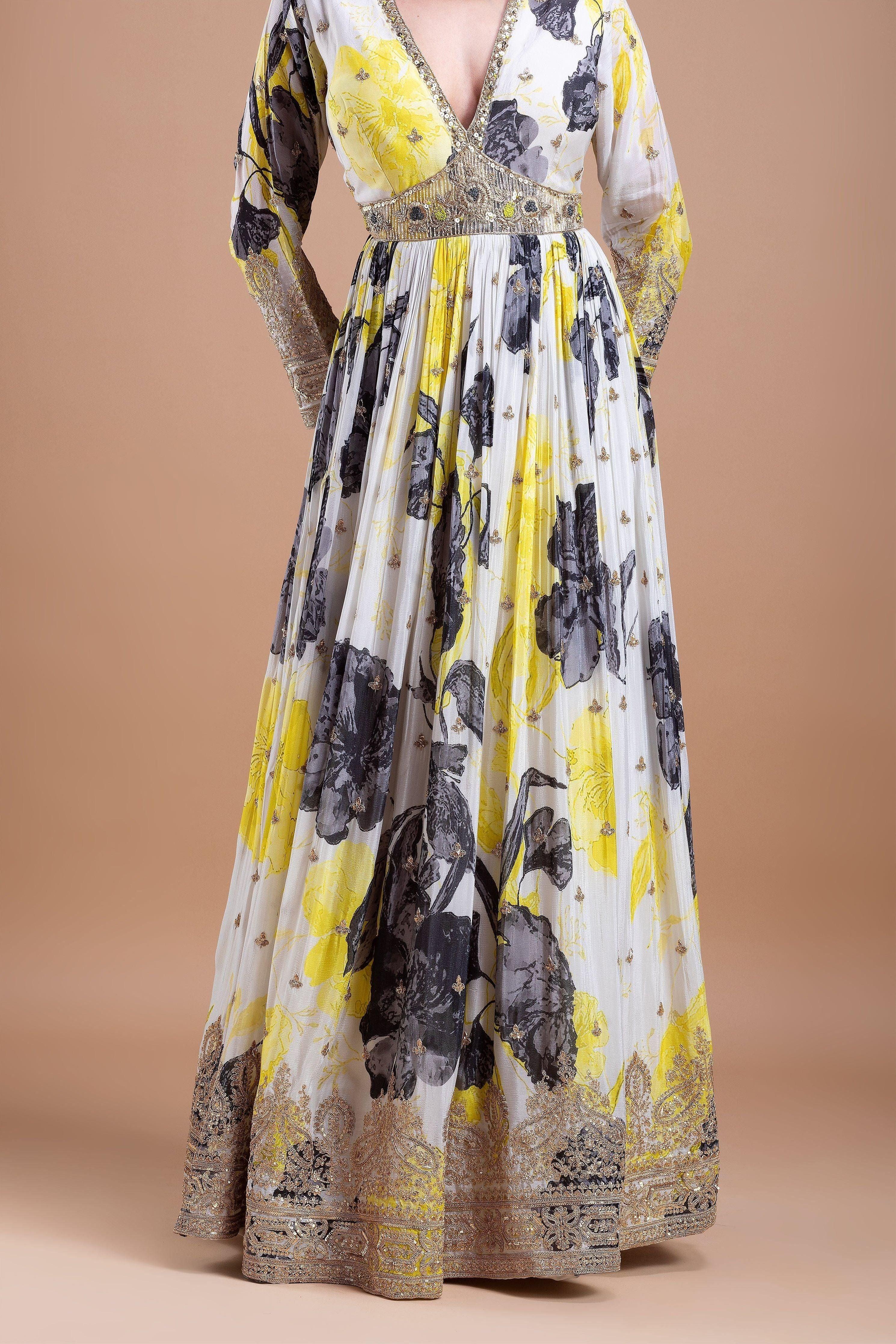 White and Yellow Printed Anarkali Set  Mokshaa