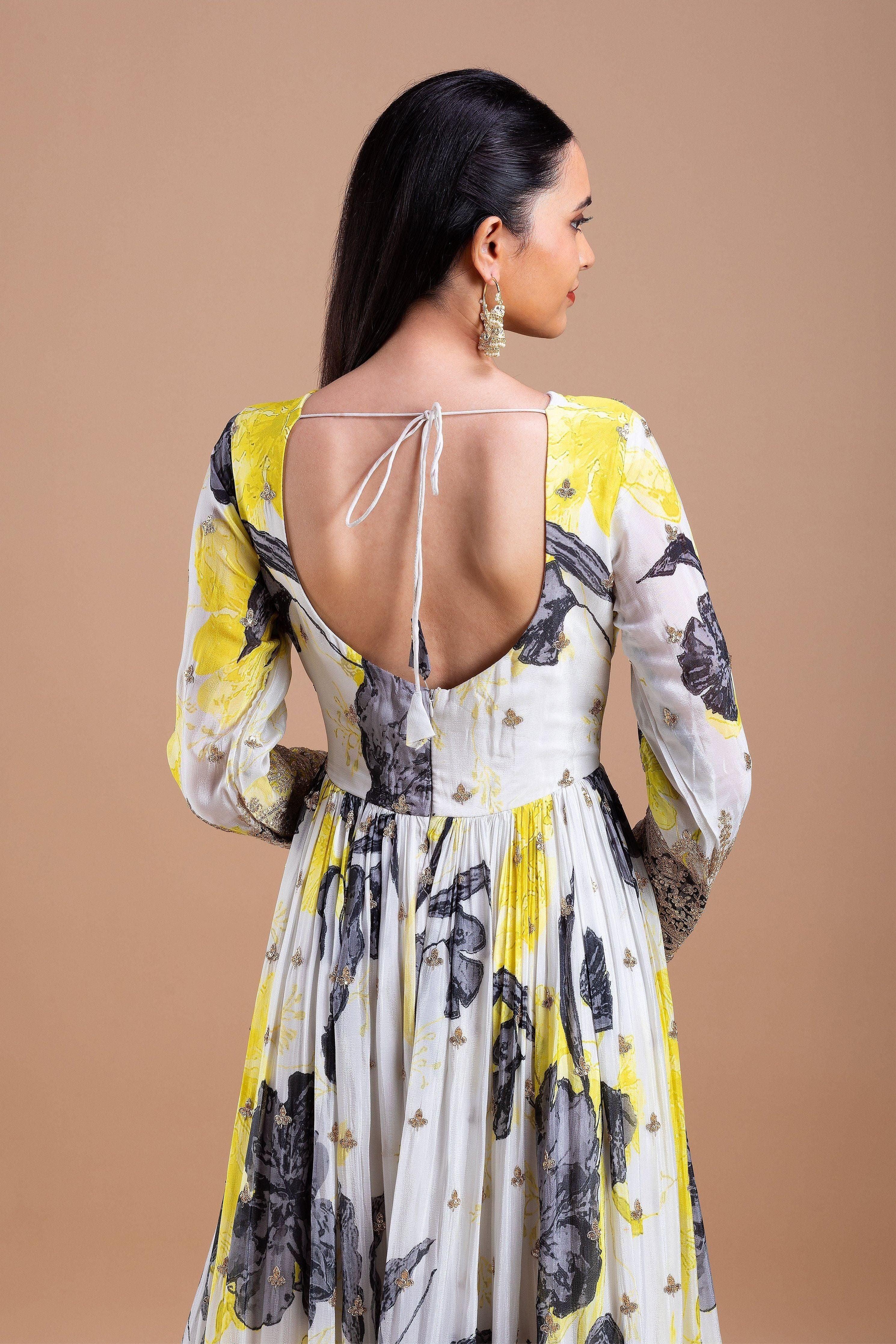 White and Yellow Printed Anarkali Set  Mokshaa