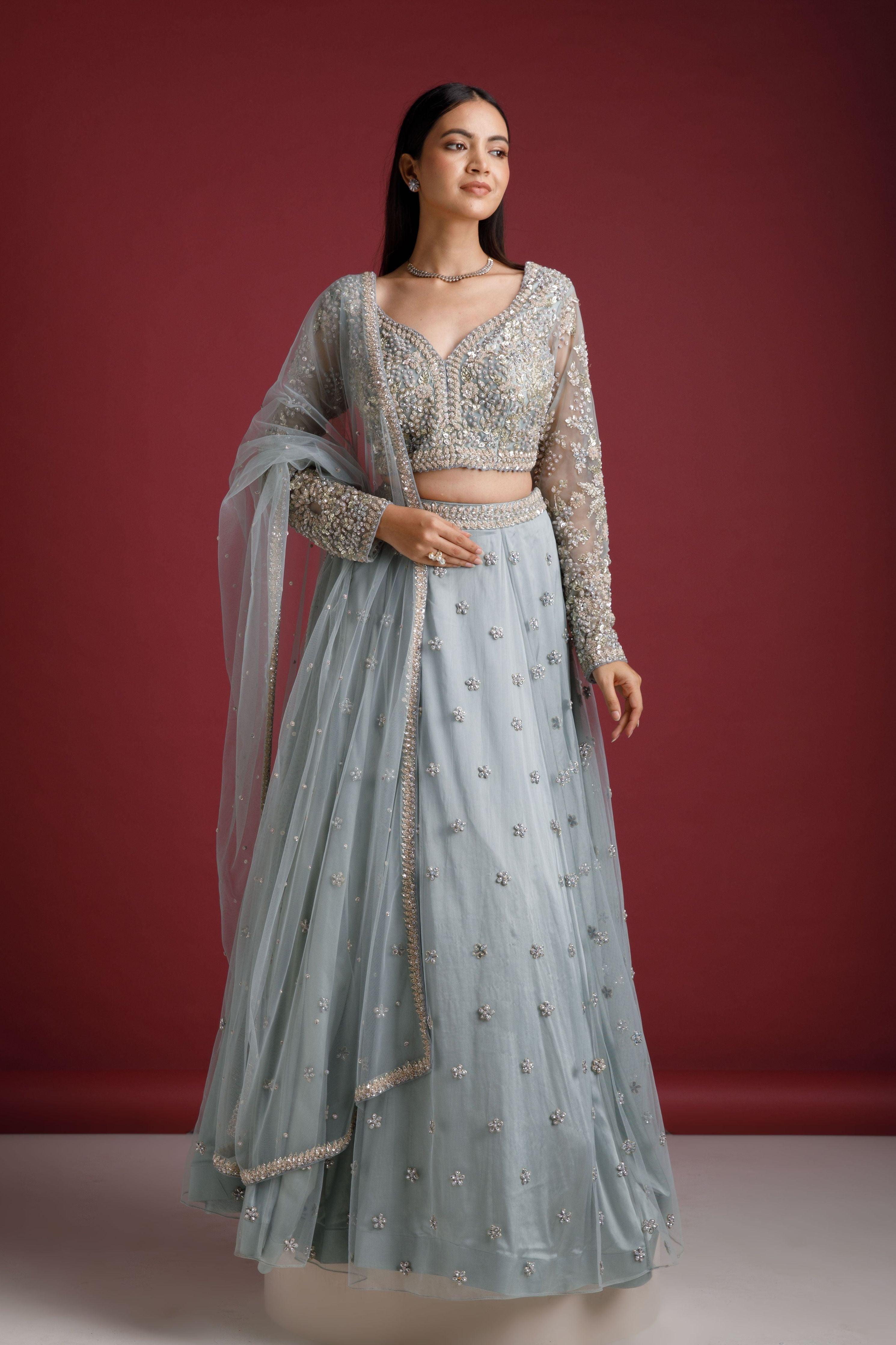 Ash Blue Net Embroidered Lehenga Set - Mokshaa
