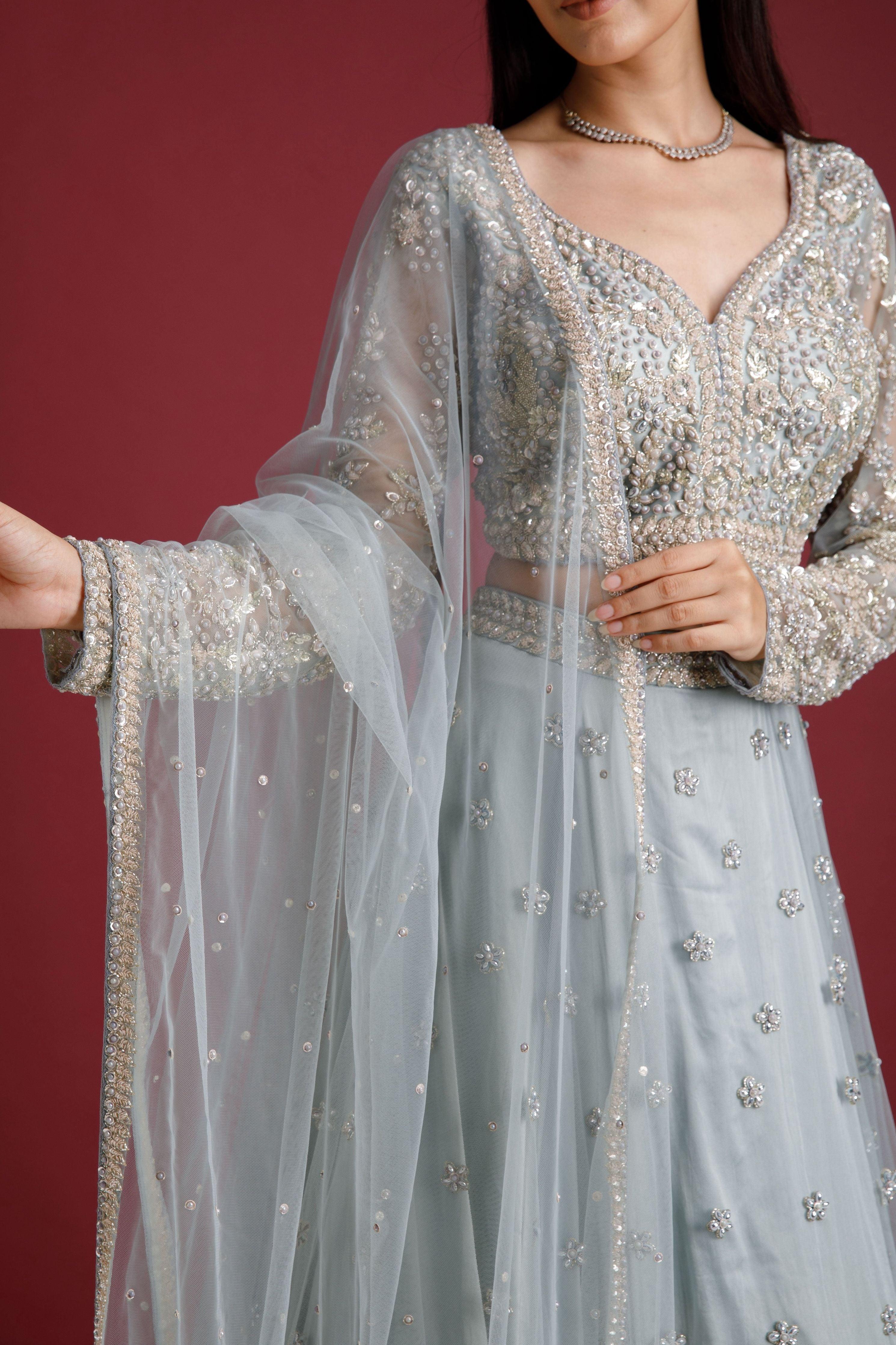 Ash Blue Net Embroidered Lehenga Set - Mokshaa