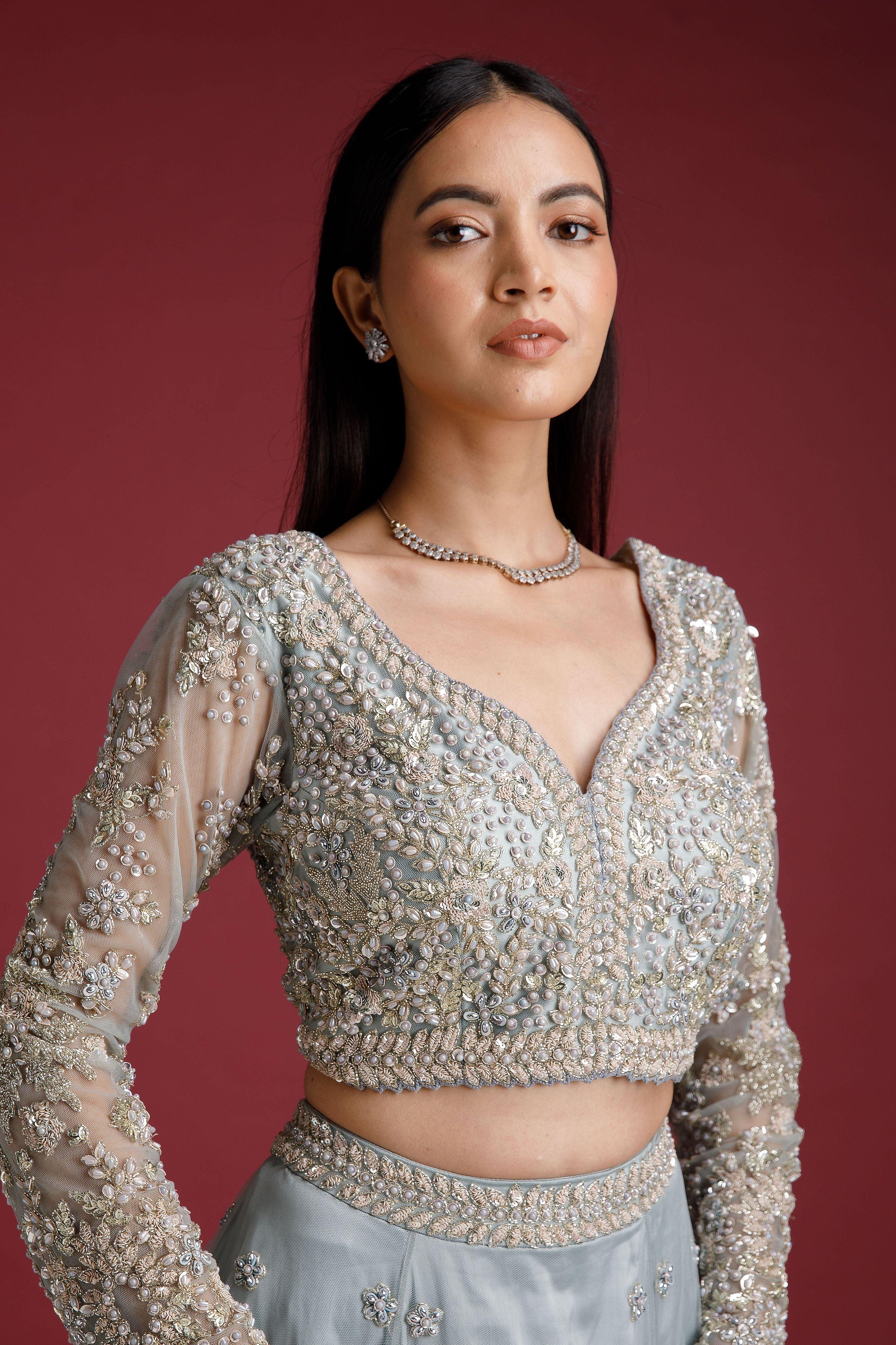 Ash Blue Net Embroidered Lehenga Set - Mokshaa