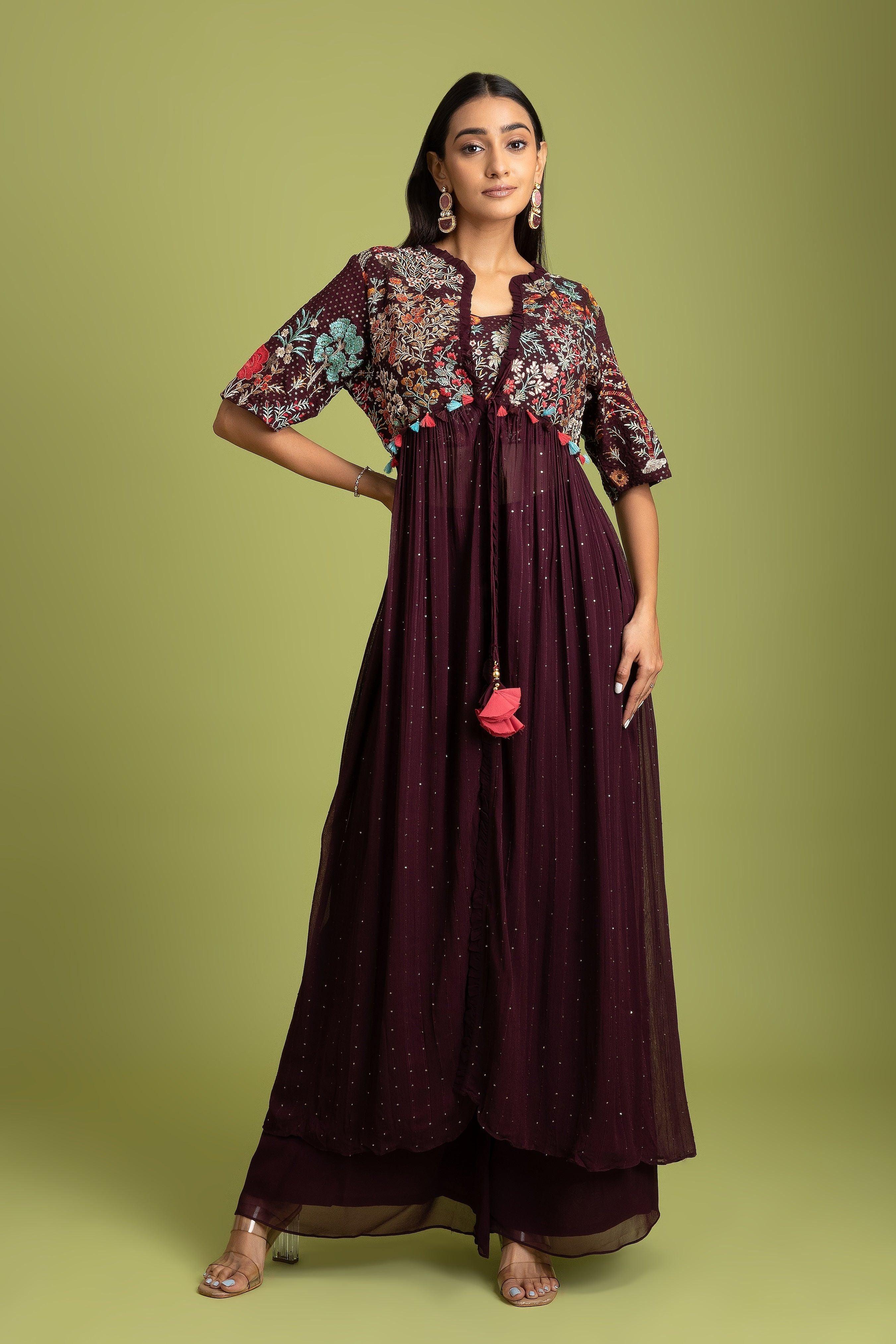 Wine Georgette Indo-Western - Mokshaa