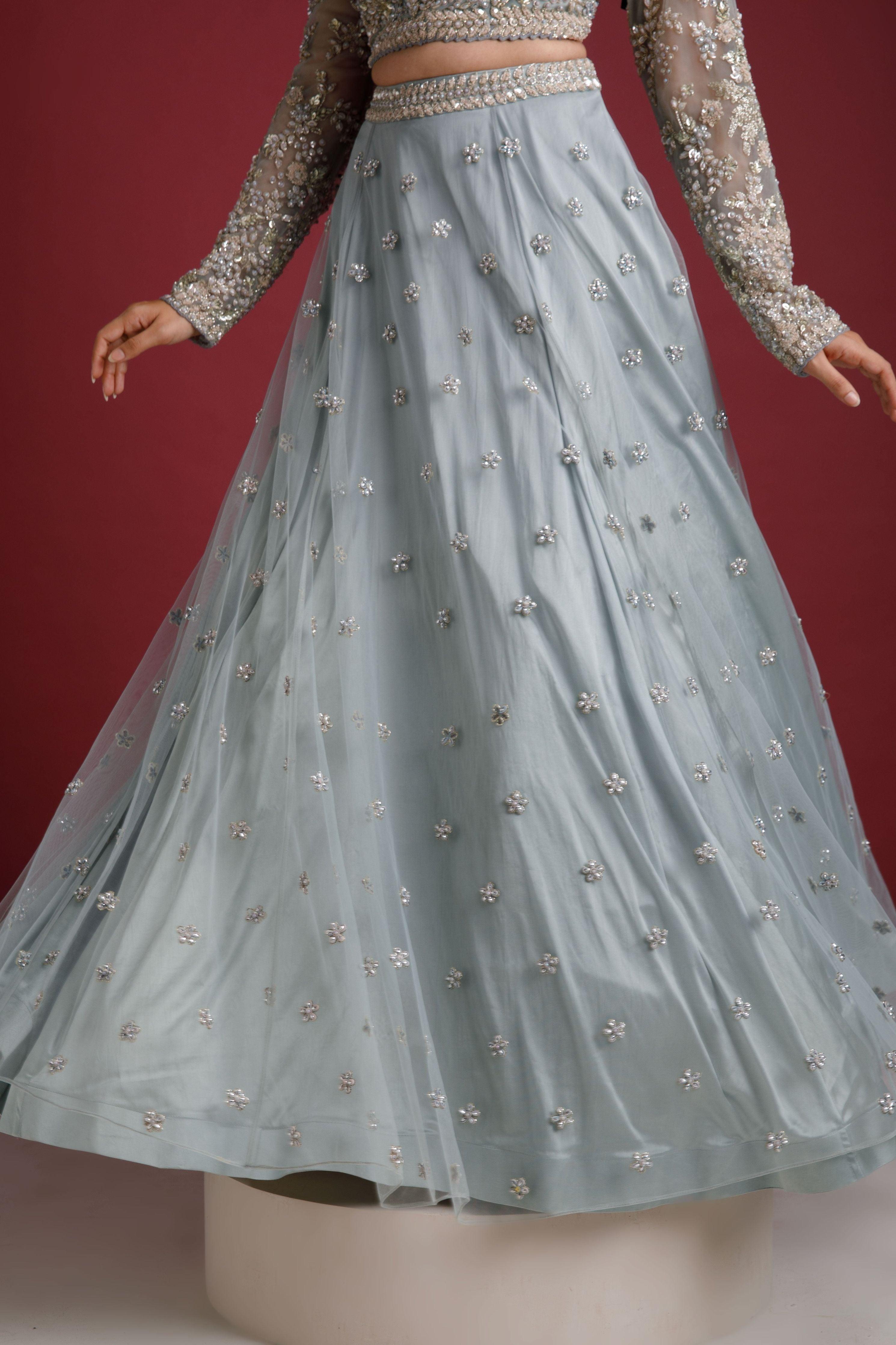 Ash Blue Net Embroidered Lehenga Set - Mokshaa