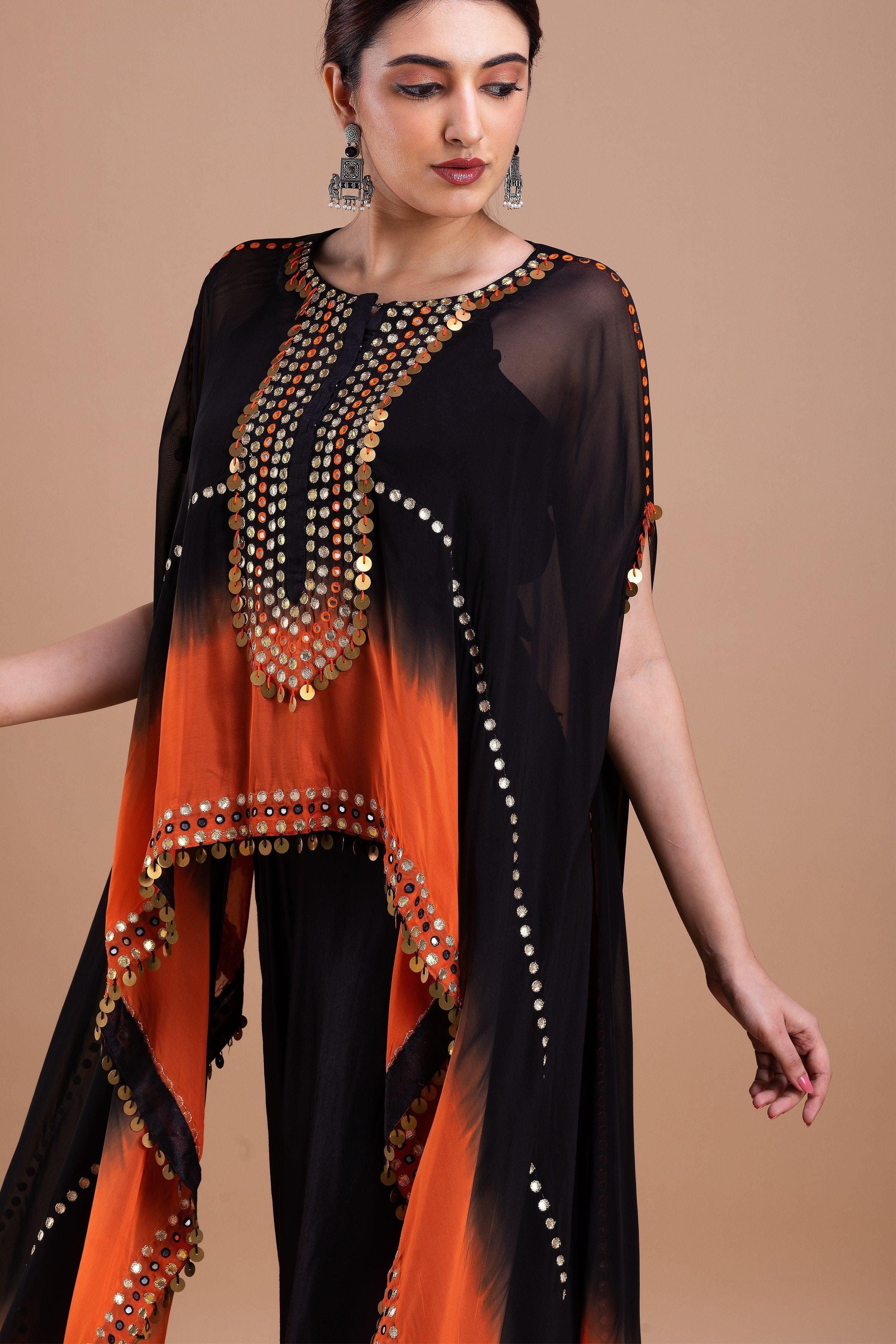 Black and Orange Ombre Indowestern Set Mokshaa
